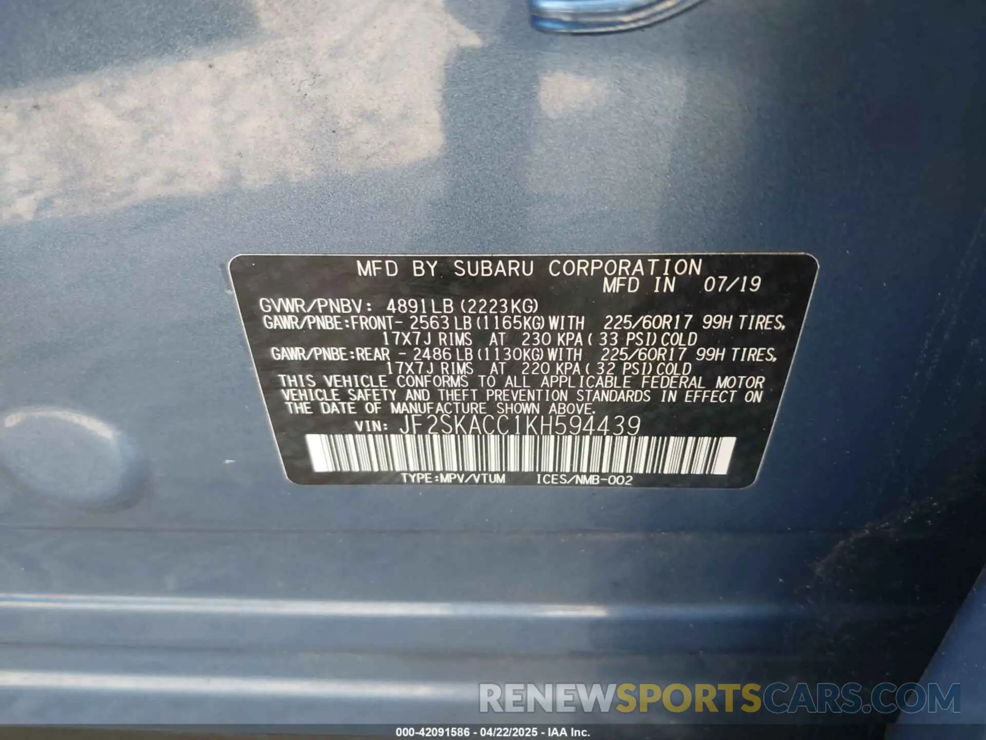 9 Photograph of a damaged car JF2SKACC1KH594439 SUBARU FORESTER 2019