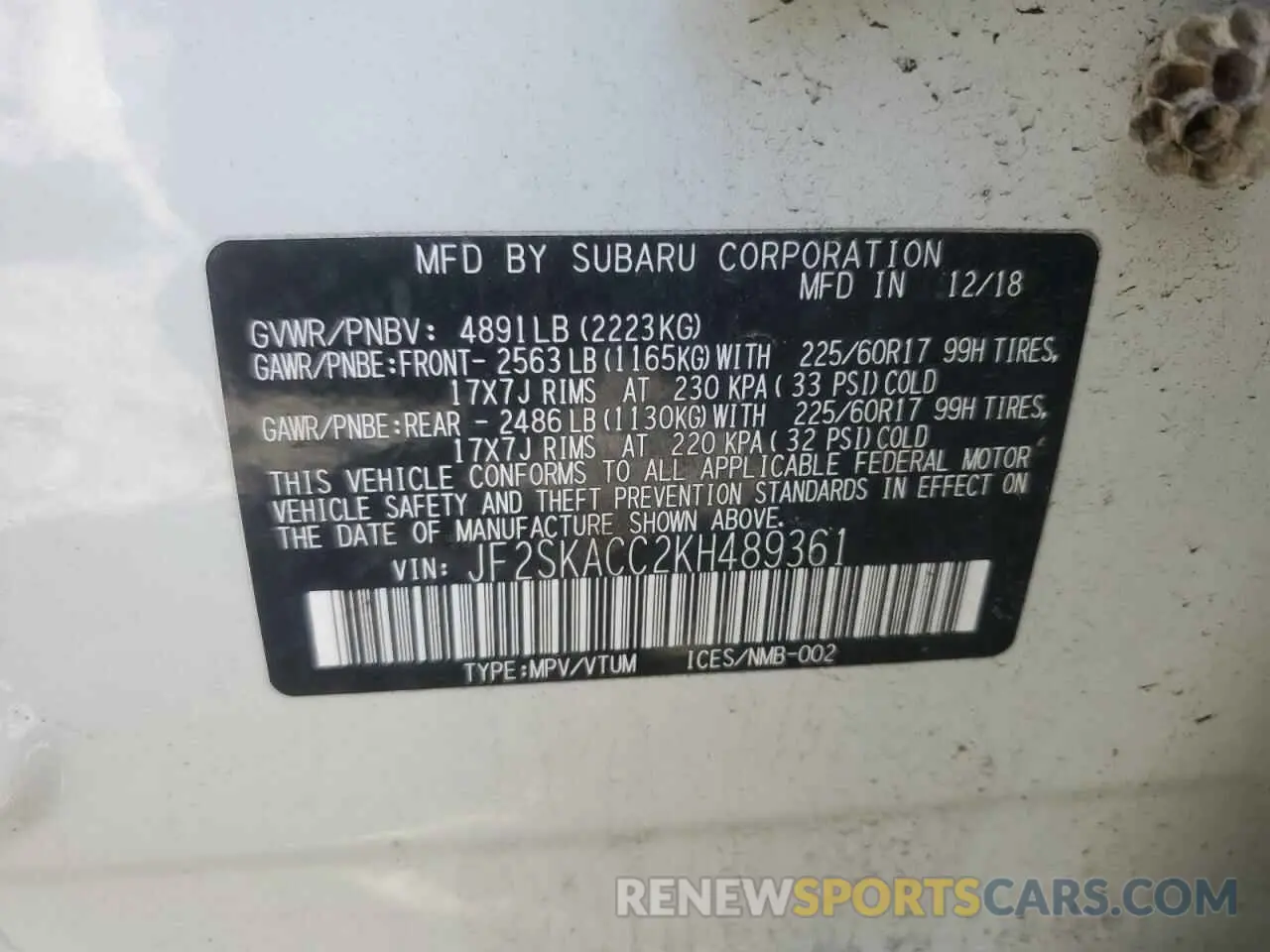 16 Photograph of a damaged car JF2SKACC2KH489361 SUBARU FORESTER 2019