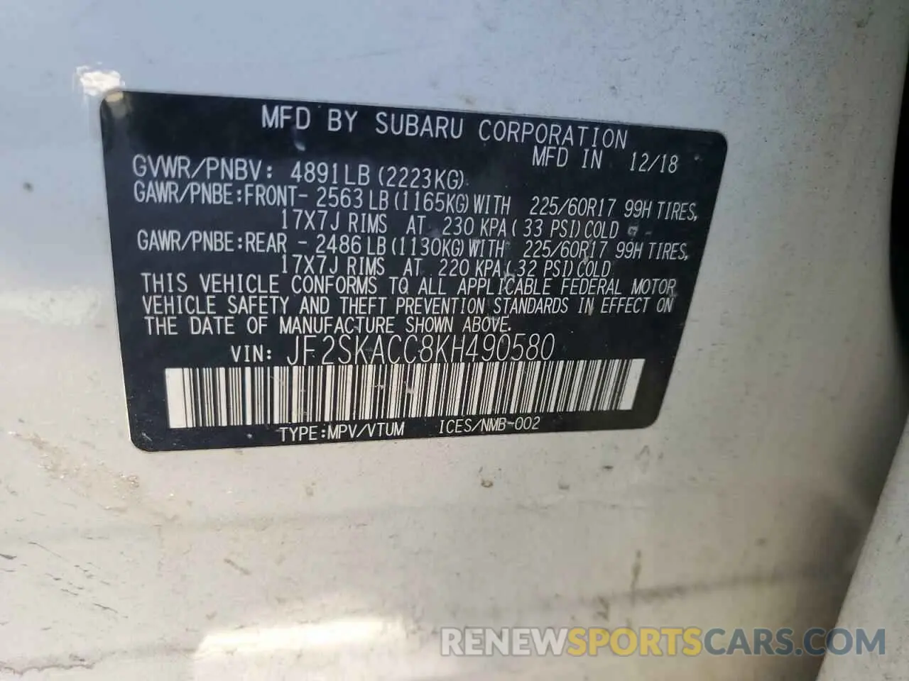 13 Photograph of a damaged car JF2SKACC8KH490580 SUBARU FORESTER 2019