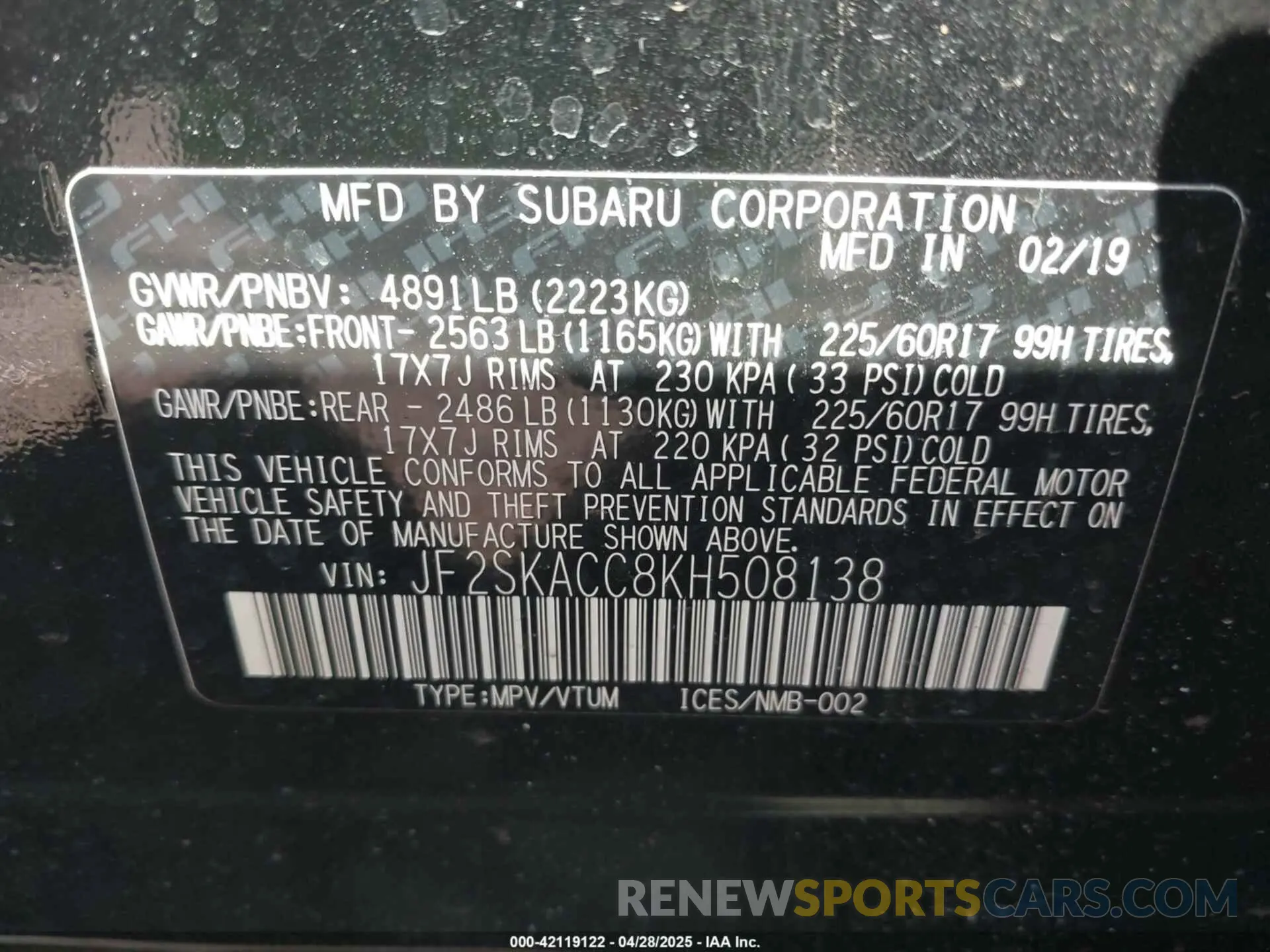 9 Photograph of a damaged car JF2SKACC8KH508138 SUBARU FORESTER 2019