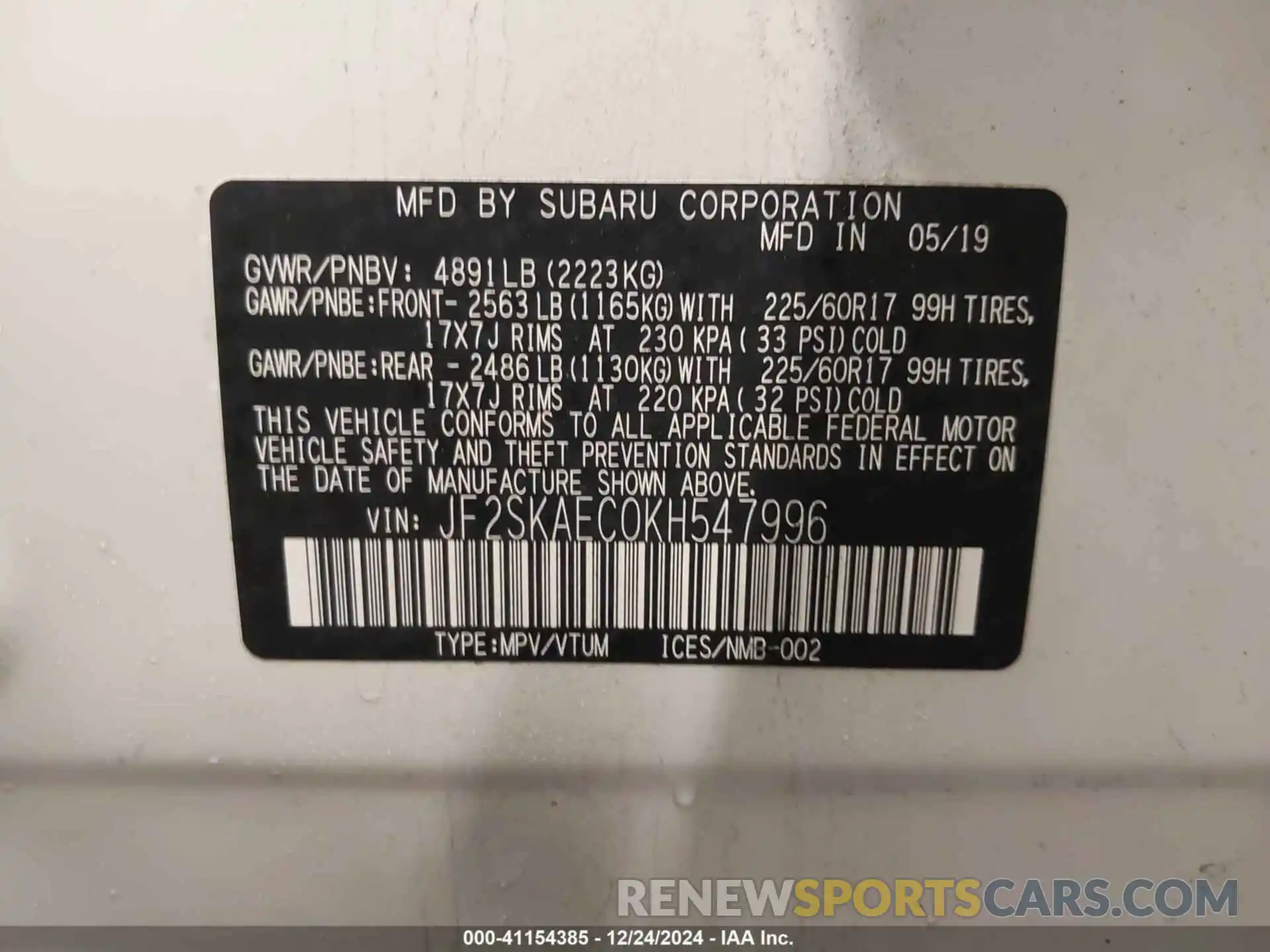 9 Photograph of a damaged car JF2SKAEC0KH547996 SUBARU FORESTER 2019