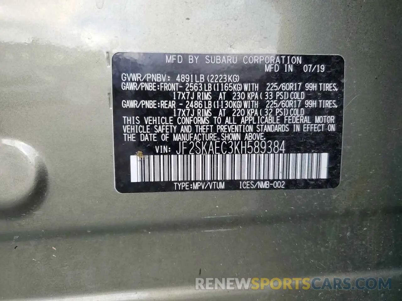 13 Photograph of a damaged car JF2SKAEC3KH589384 SUBARU FORESTER 2019
