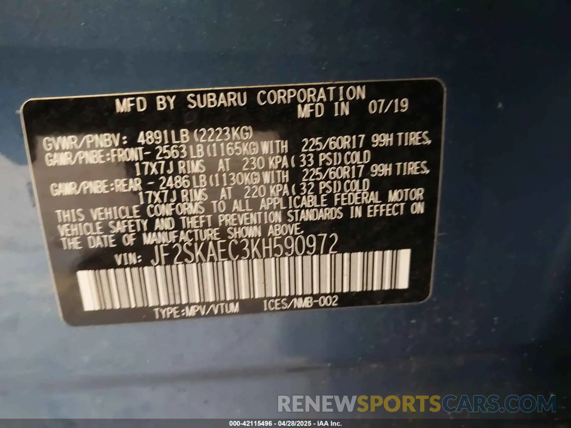 9 Photograph of a damaged car JF2SKAEC3KH590972 SUBARU FORESTER 2019