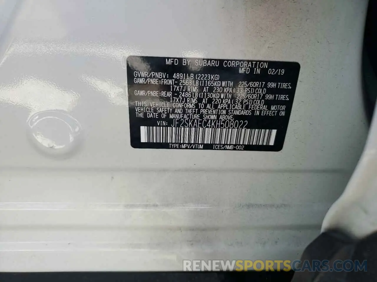 15 Photograph of a damaged car JF2SKAEC4KH508022 SUBARU FORESTER 2019