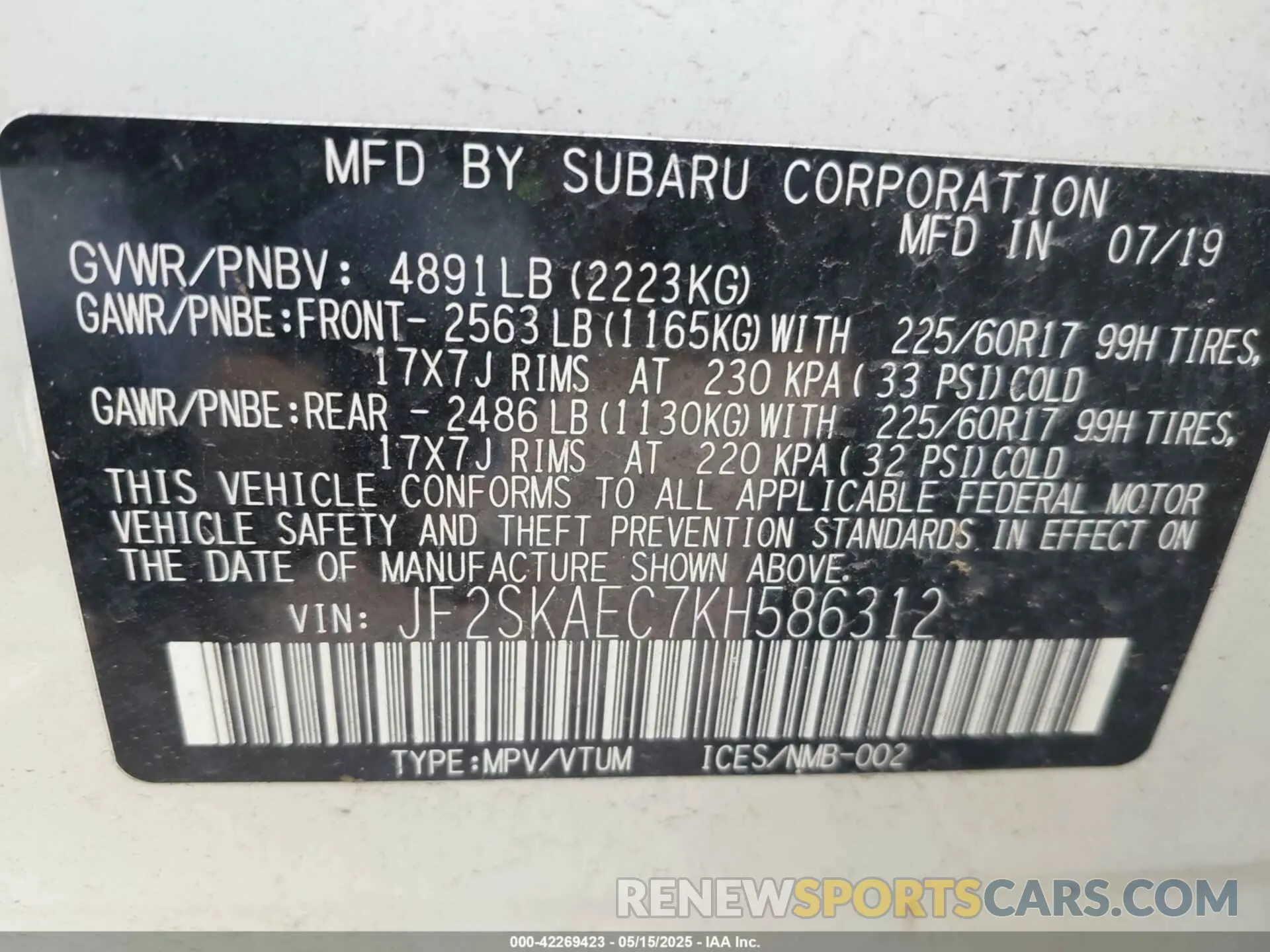 9 Photograph of a damaged car JF2SKAEC7KH586312 SUBARU FORESTER 2019