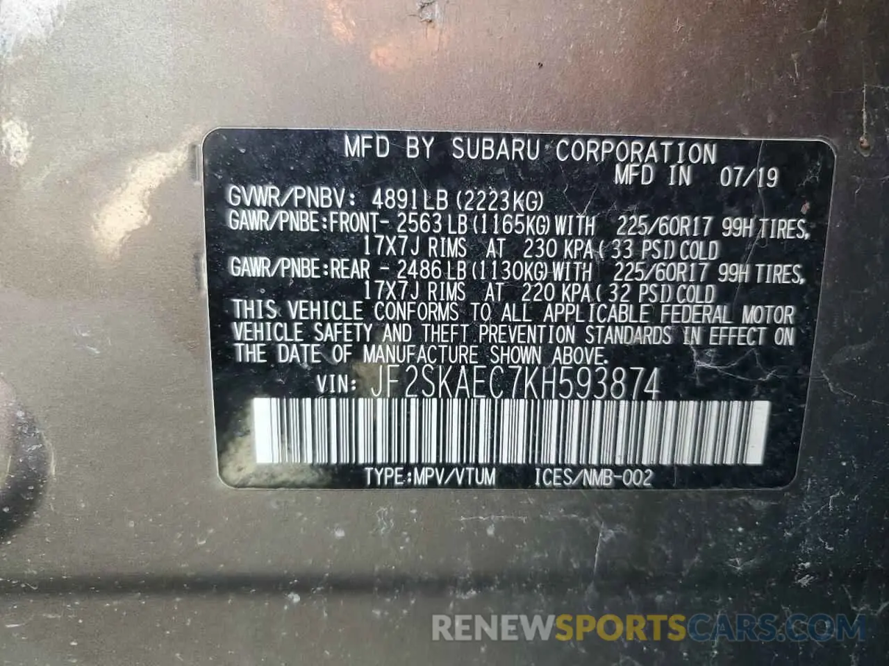 13 Photograph of a damaged car JF2SKAEC7KH593874 SUBARU FORESTER 2019