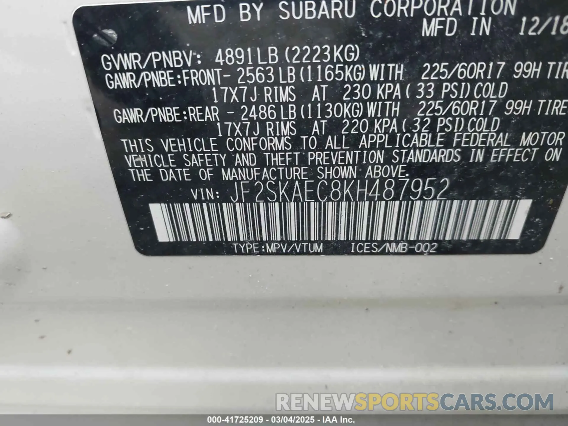 9 Photograph of a damaged car JF2SKAEC8KH487952 SUBARU FORESTER 2019