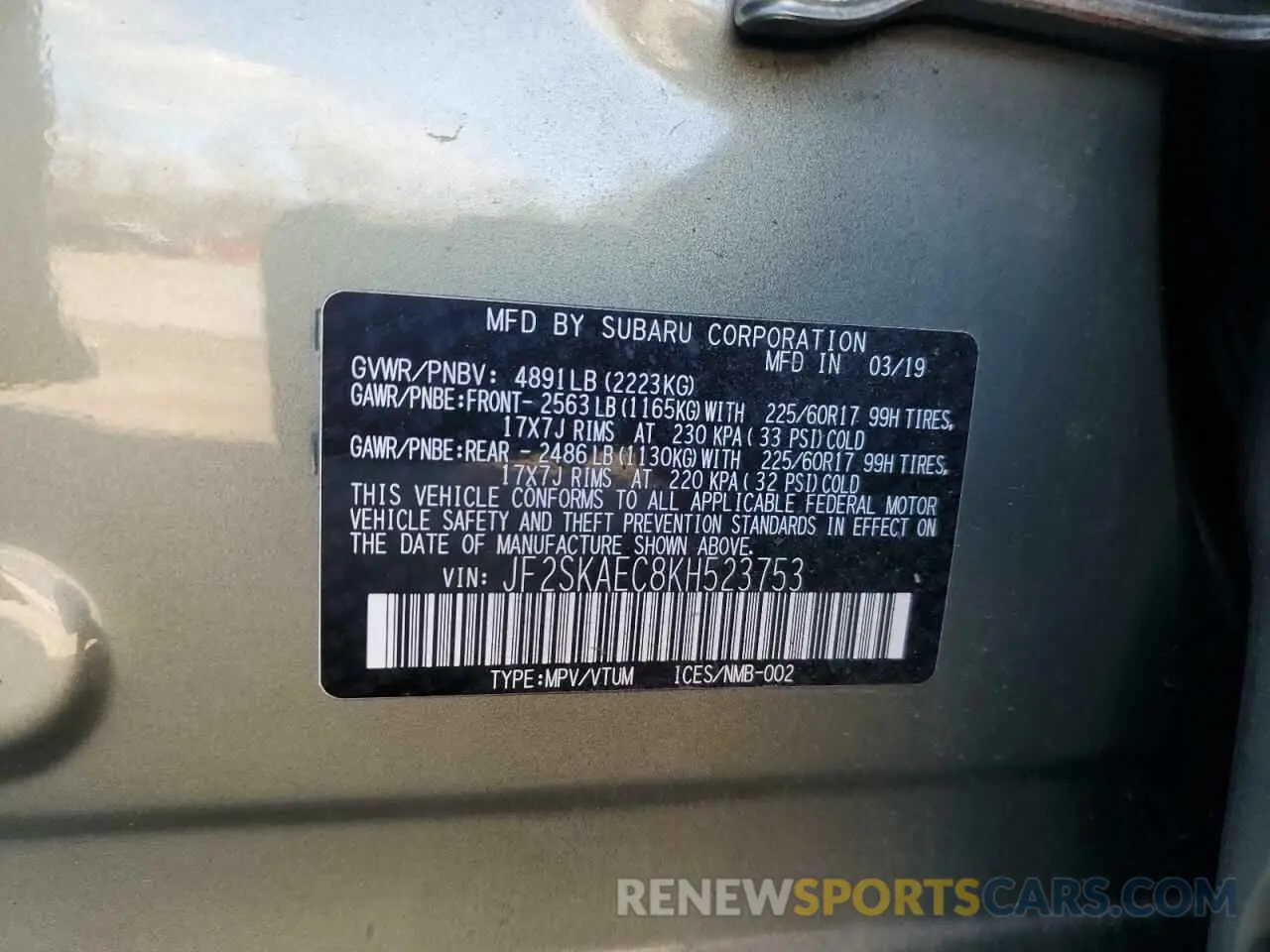 15 Photograph of a damaged car JF2SKAEC8KH523753 SUBARU FORESTER 2019