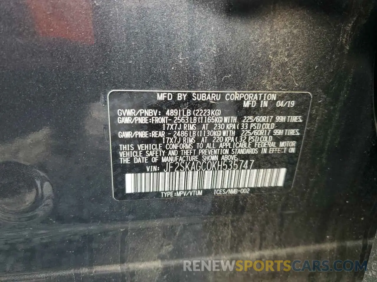 14 Photograph of a damaged car JF2SKAGC0KH535747 SUBARU FORESTER 2019