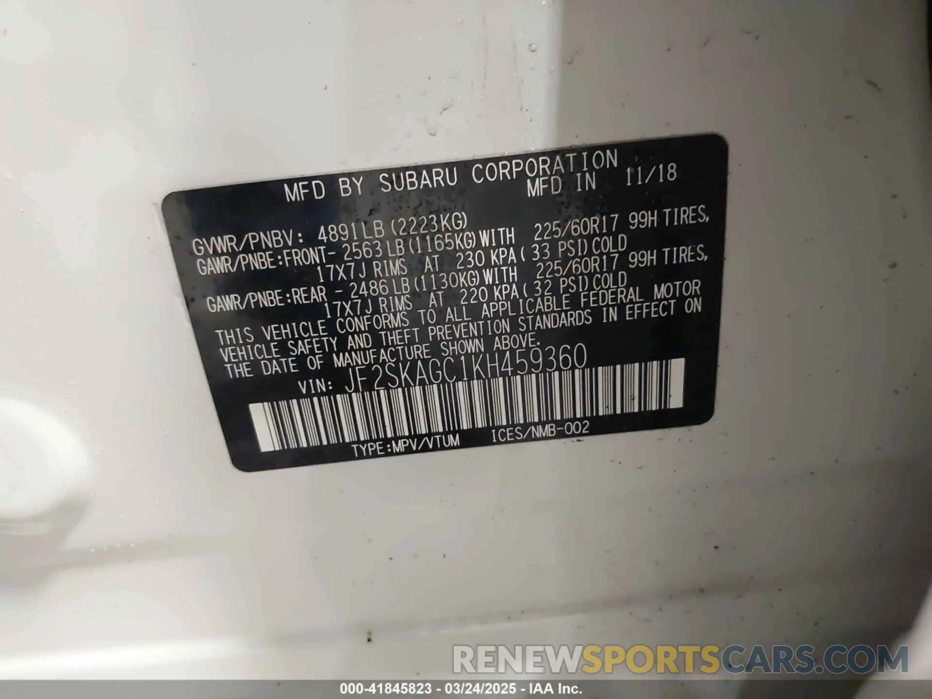 9 Photograph of a damaged car JF2SKAGC1KH459360 SUBARU FORESTER 2019