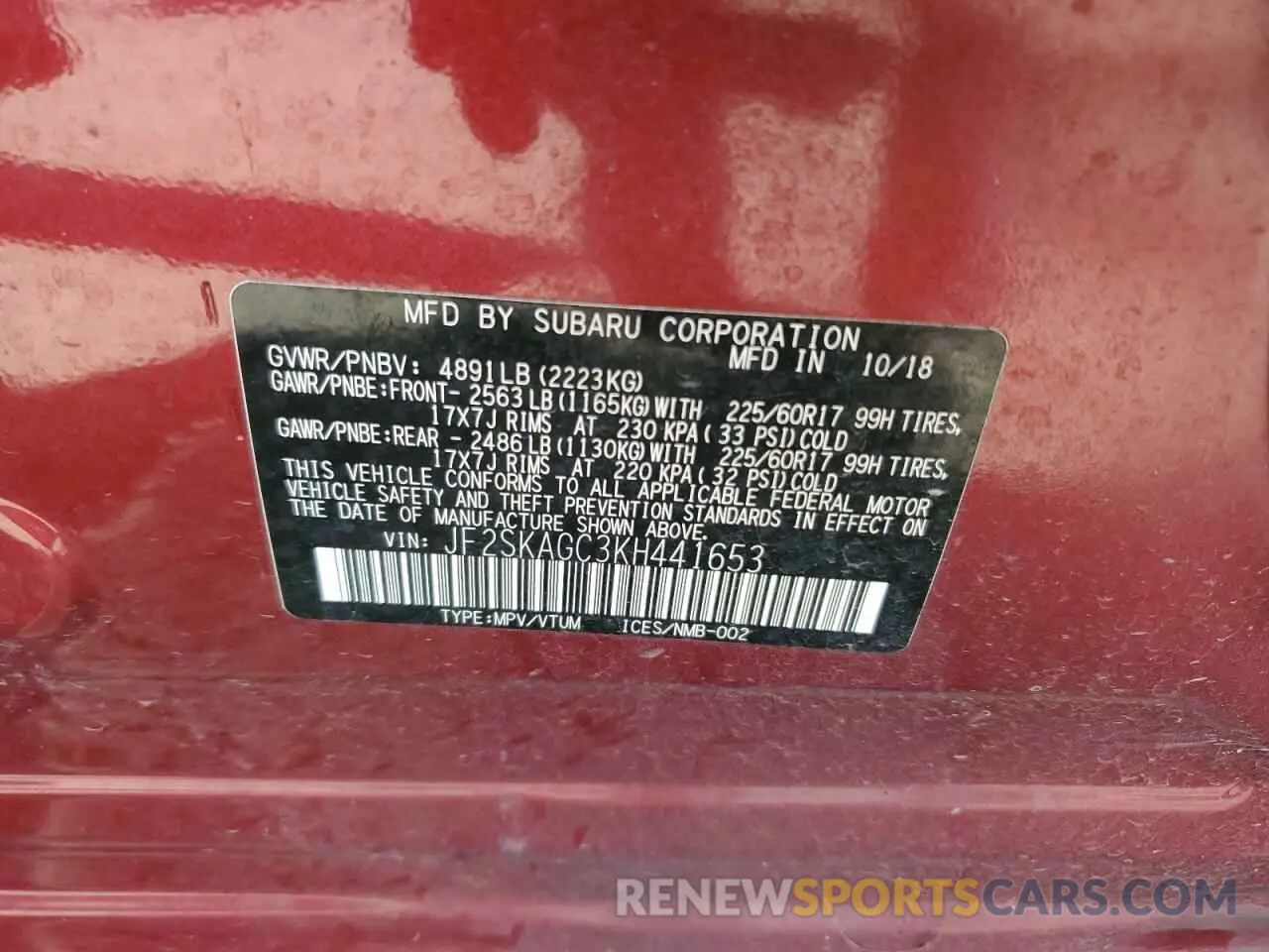 15 Photograph of a damaged car JF2SKAGC3KH441653 SUBARU FORESTER 2019