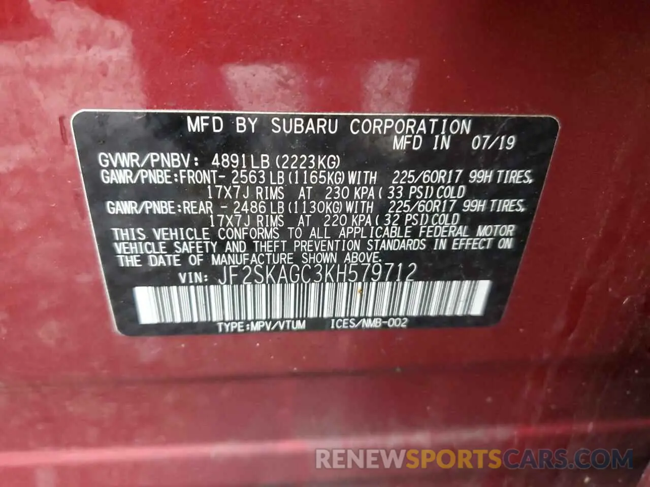 13 Photograph of a damaged car JF2SKAGC3KH579712 SUBARU FORESTER 2019