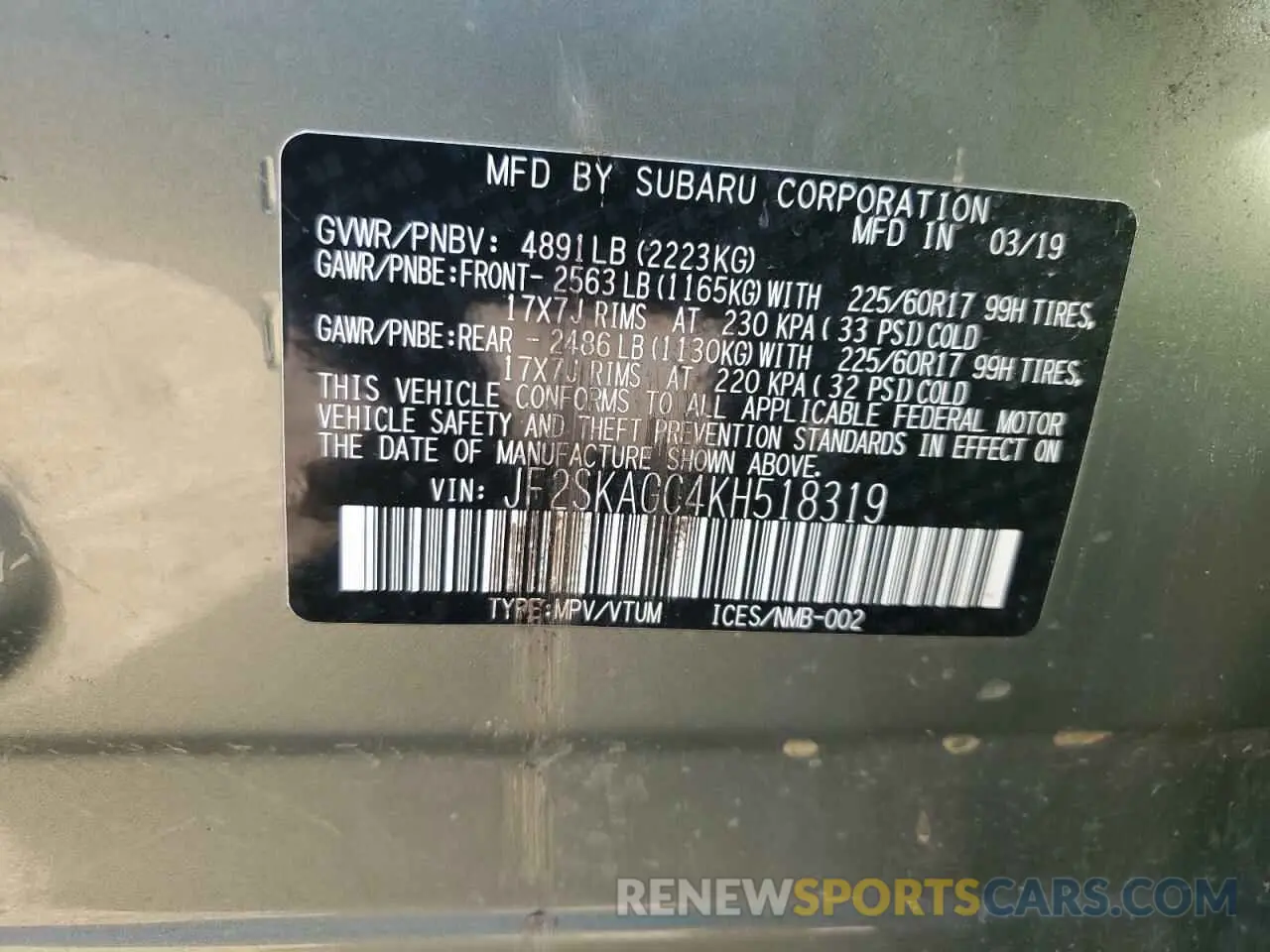 12 Photograph of a damaged car JF2SKAGC4KH518319 SUBARU FORESTER 2019