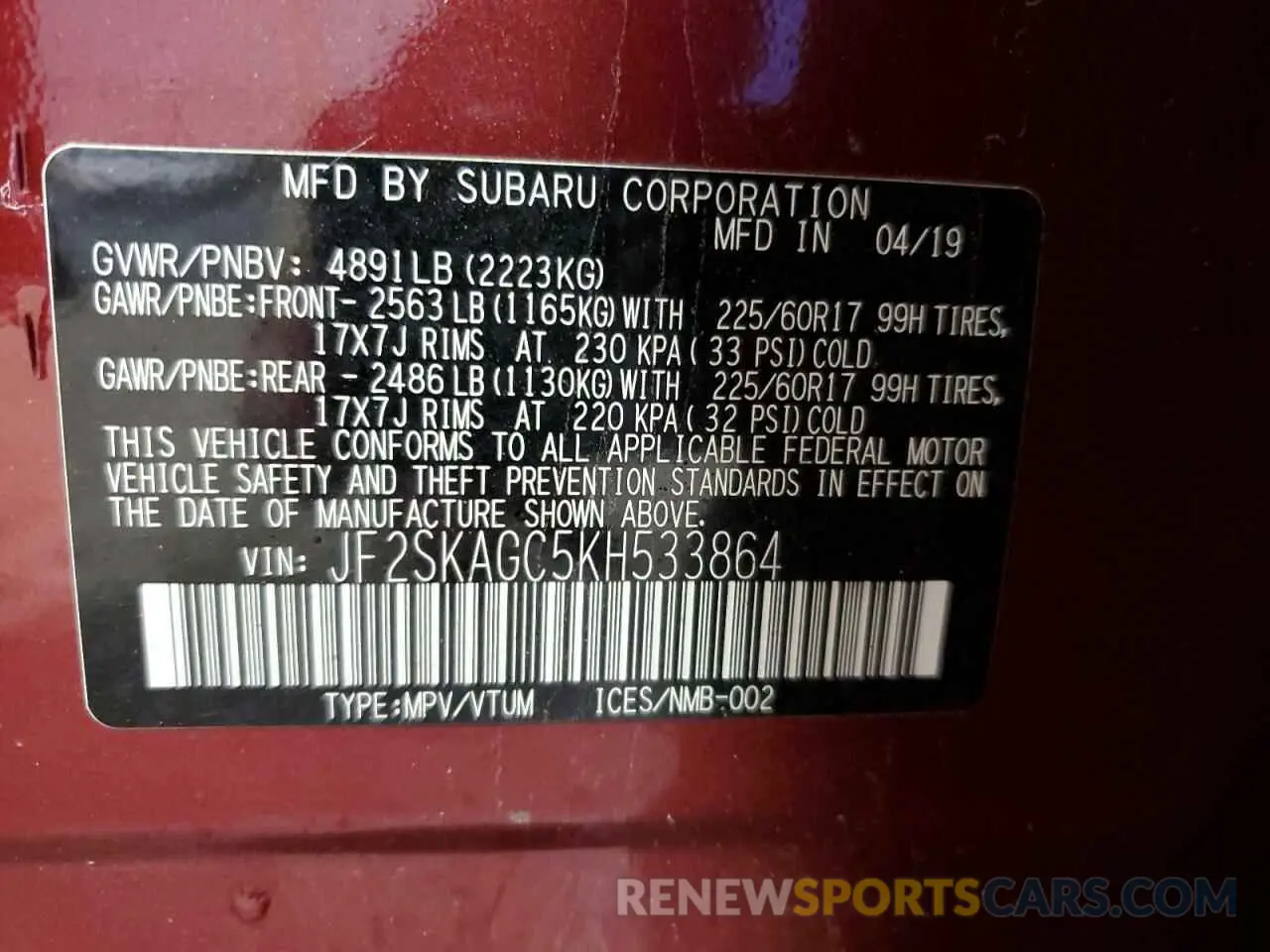 14 Photograph of a damaged car JF2SKAGC5KH533864 SUBARU FORESTER 2019
