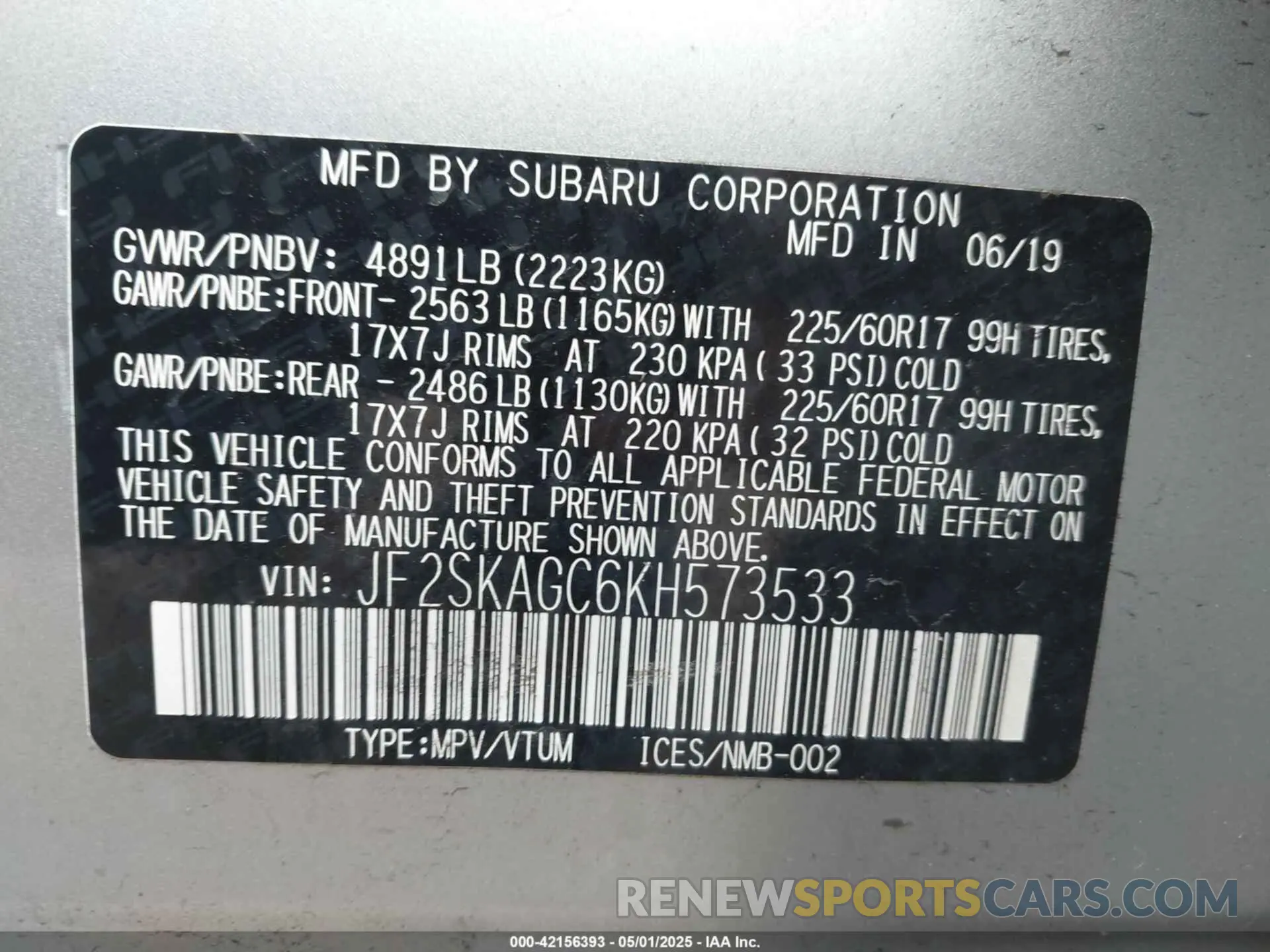 9 Photograph of a damaged car JF2SKAGC6KH573533 SUBARU FORESTER 2019