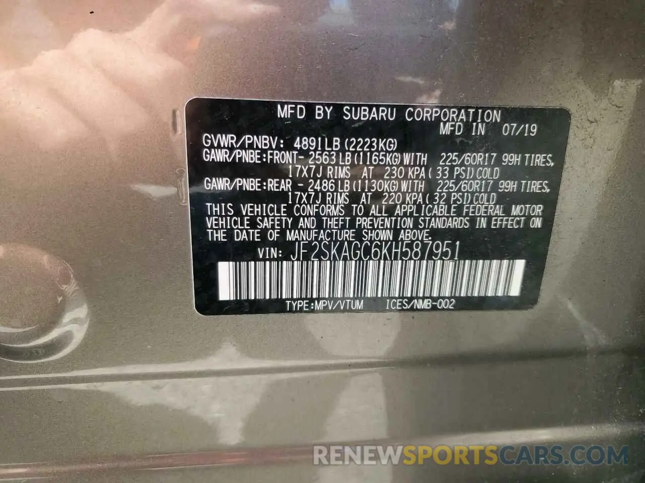 14 Photograph of a damaged car JF2SKAGC6KH587951 SUBARU FORESTER 2019