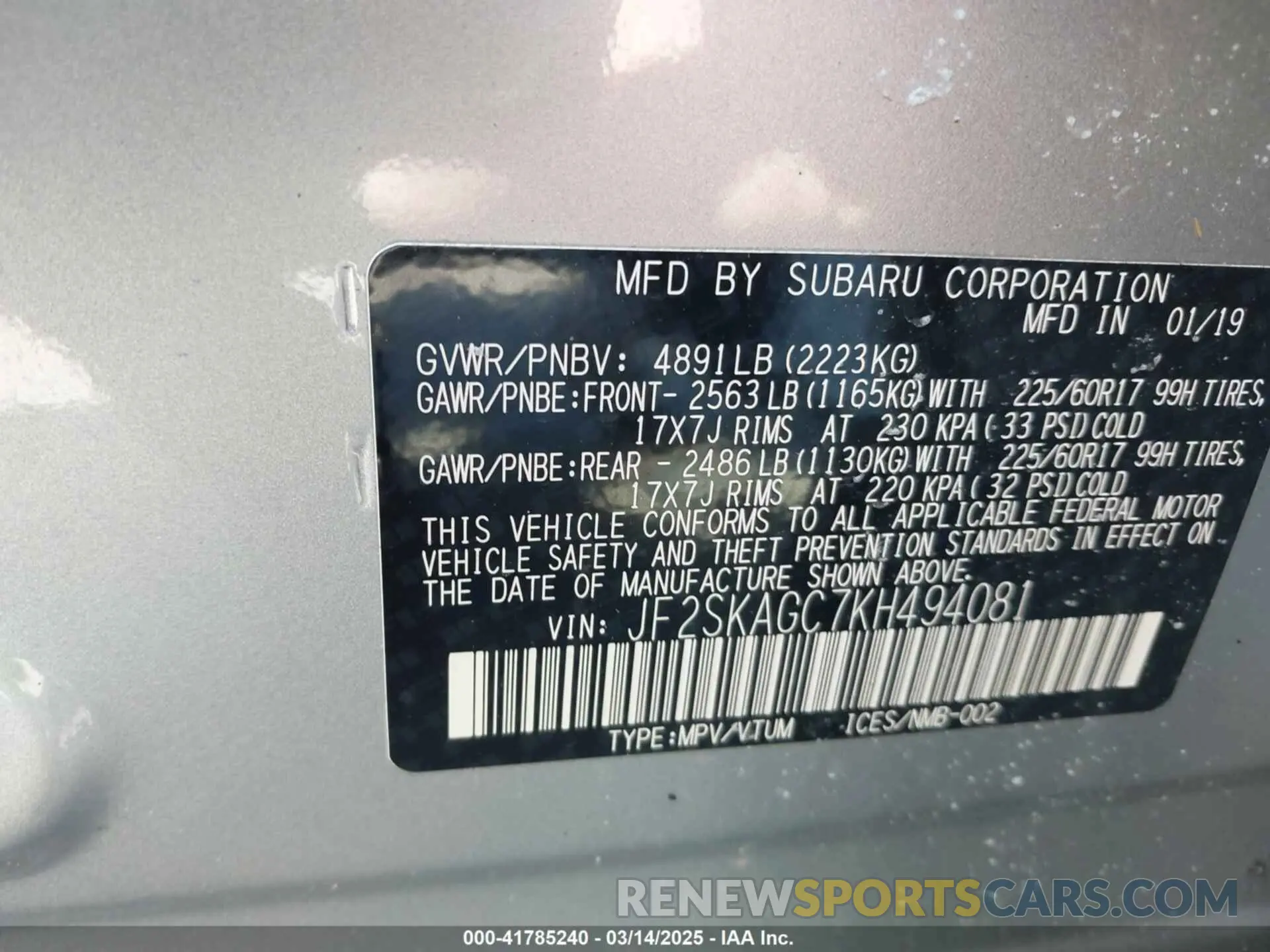 9 Photograph of a damaged car JF2SKAGC7KH494081 SUBARU FORESTER 2019