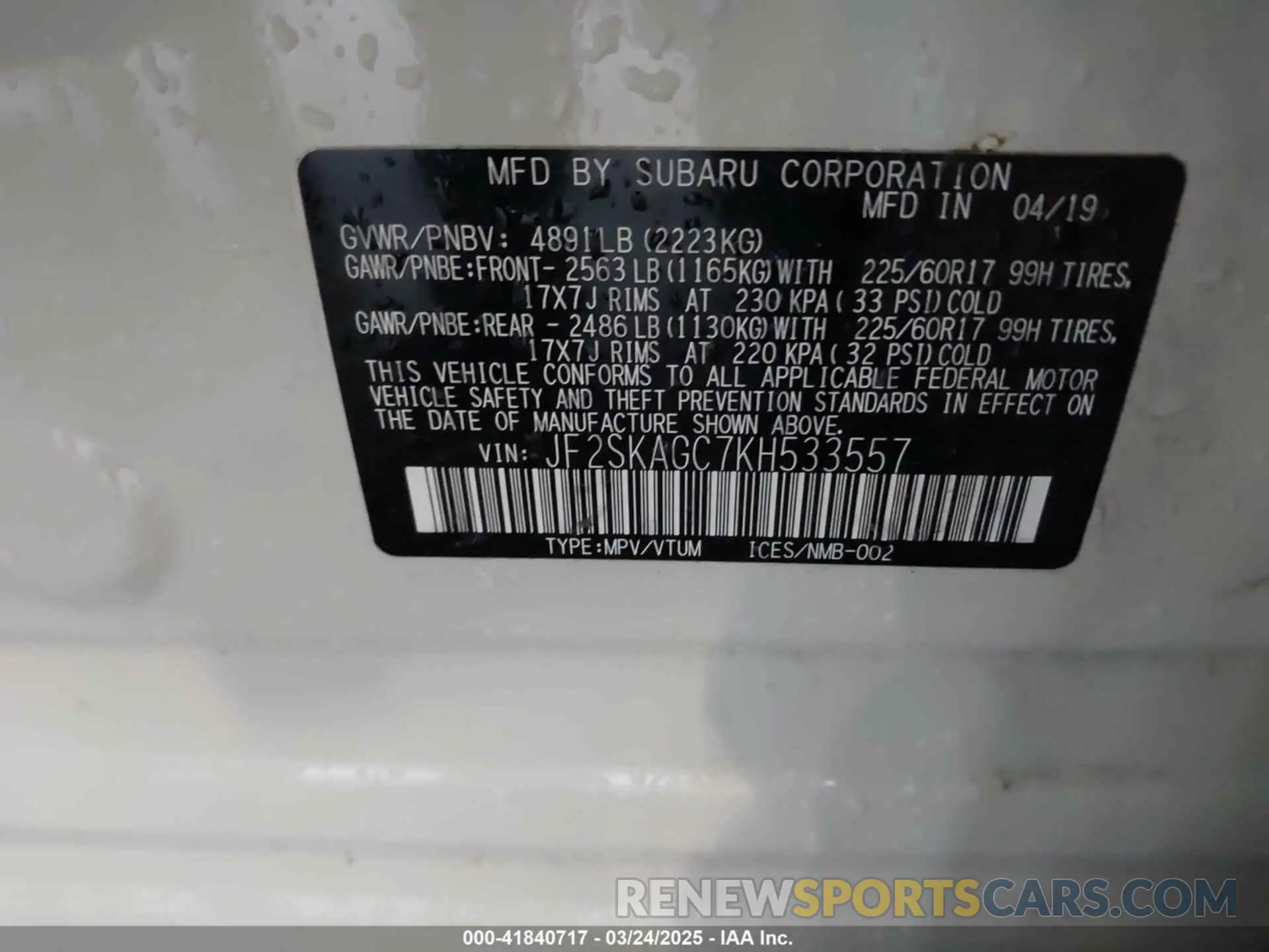 9 Photograph of a damaged car JF2SKAGC7KH533557 SUBARU FORESTER 2019
