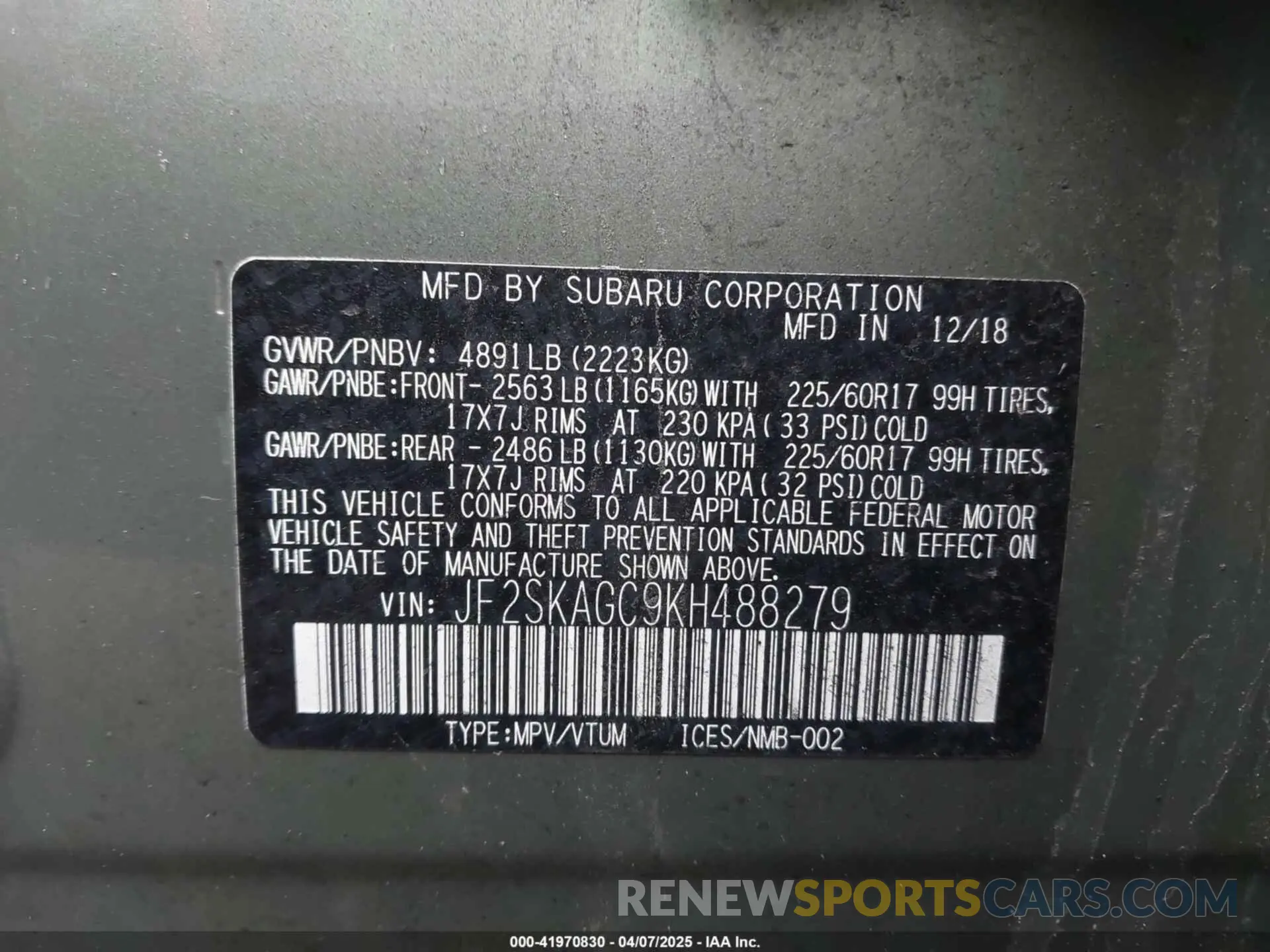 9 Photograph of a damaged car JF2SKAGC9KH488279 SUBARU FORESTER 2019