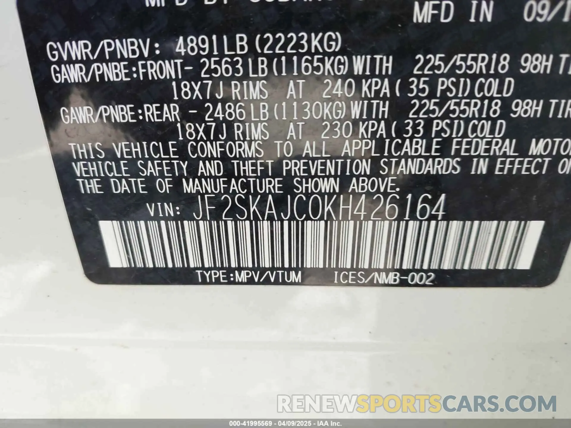 9 Photograph of a damaged car JF2SKAJC0KH426164 SUBARU FORESTER 2019