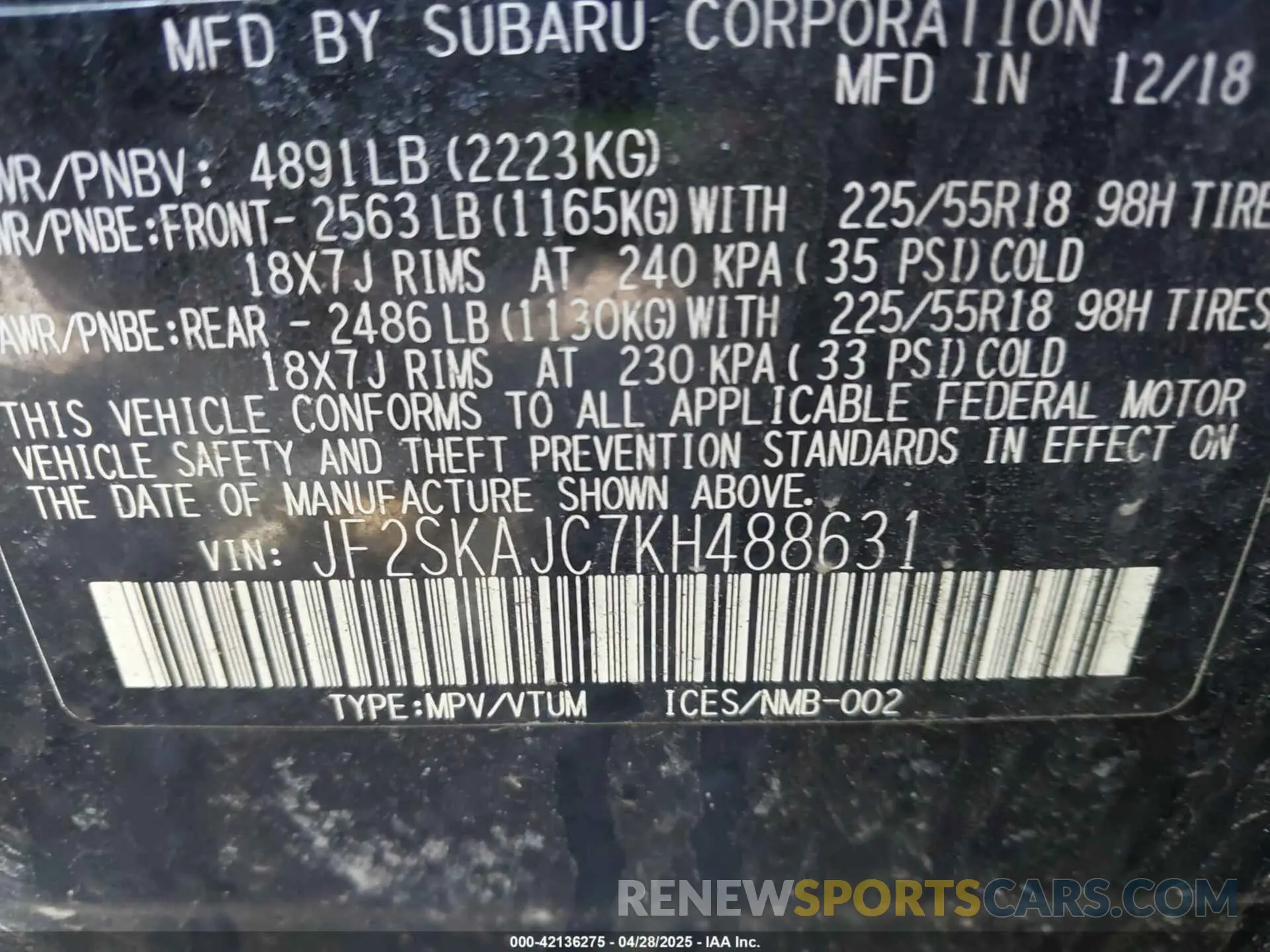 9 Photograph of a damaged car JF2SKAJC7KH488631 SUBARU FORESTER 2019