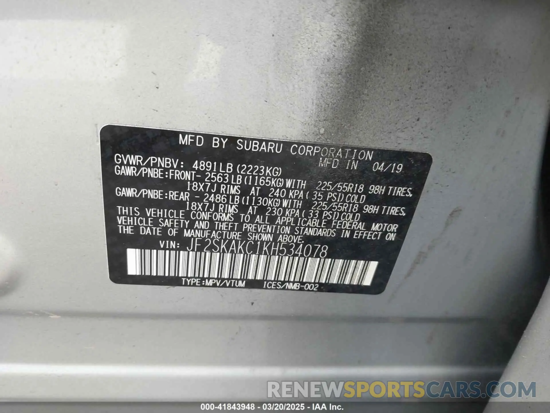 9 Photograph of a damaged car JF2SKAKC1KH534078 SUBARU FORESTER 2019