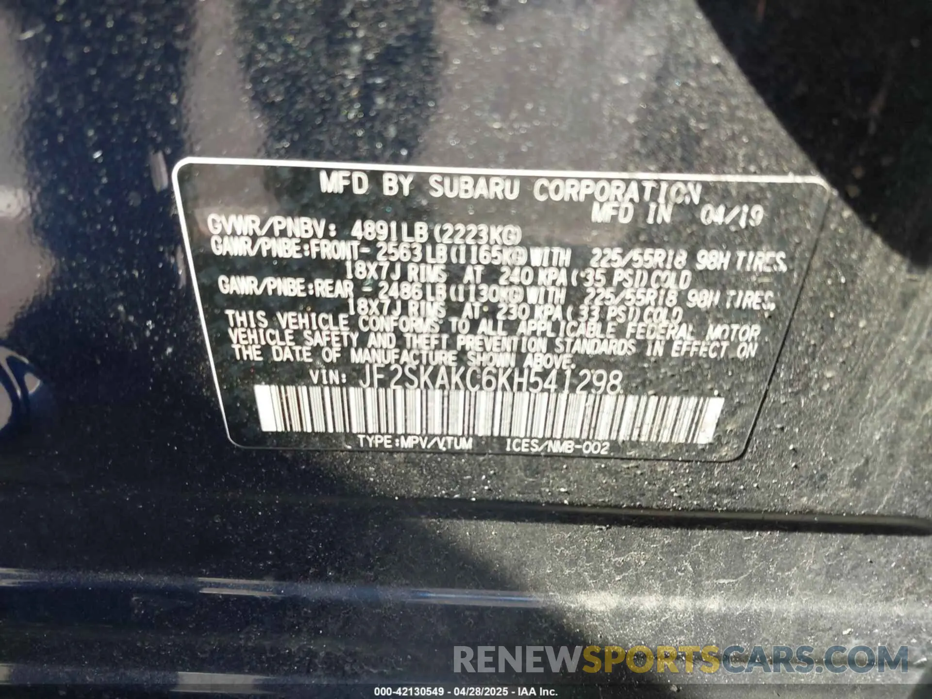 9 Photograph of a damaged car JF2SKAKC6KH541298 SUBARU FORESTER 2019
