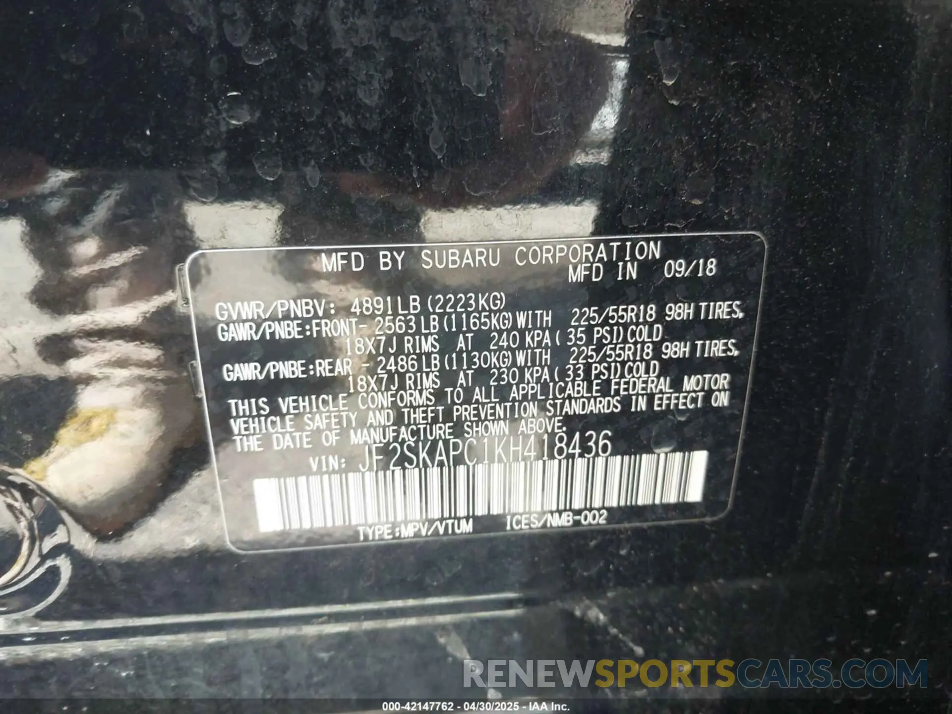 9 Photograph of a damaged car JF2SKAPC1KH418436 SUBARU FORESTER 2019