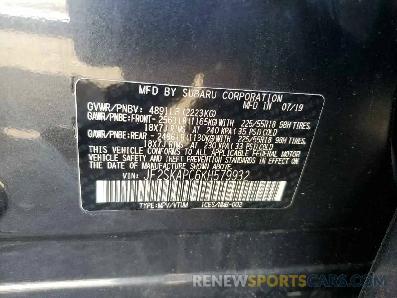 12 Photograph of a damaged car JF2SKAPC6KH579932 SUBARU FORESTER 2019