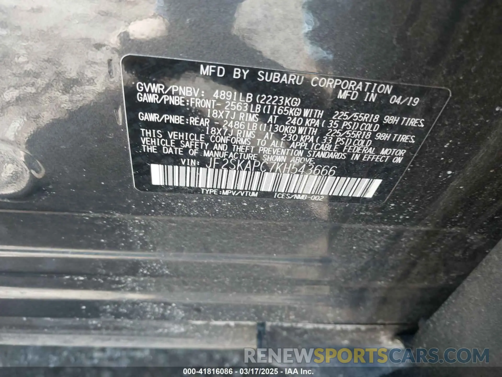 9 Photograph of a damaged car JF2SKAPC7KH543666 SUBARU FORESTER 2019