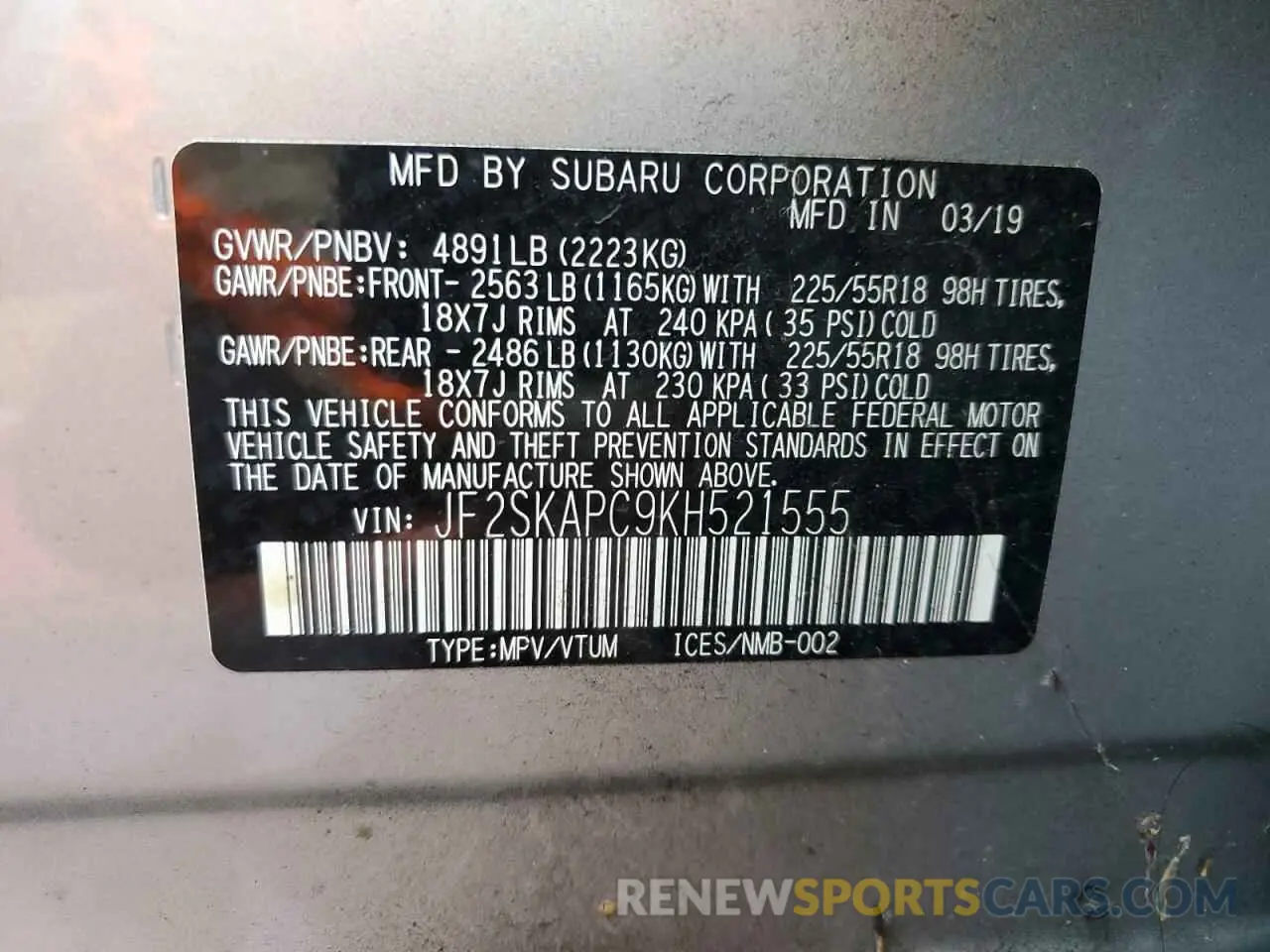 13 Photograph of a damaged car JF2SKAPC9KH521555 SUBARU FORESTER 2019