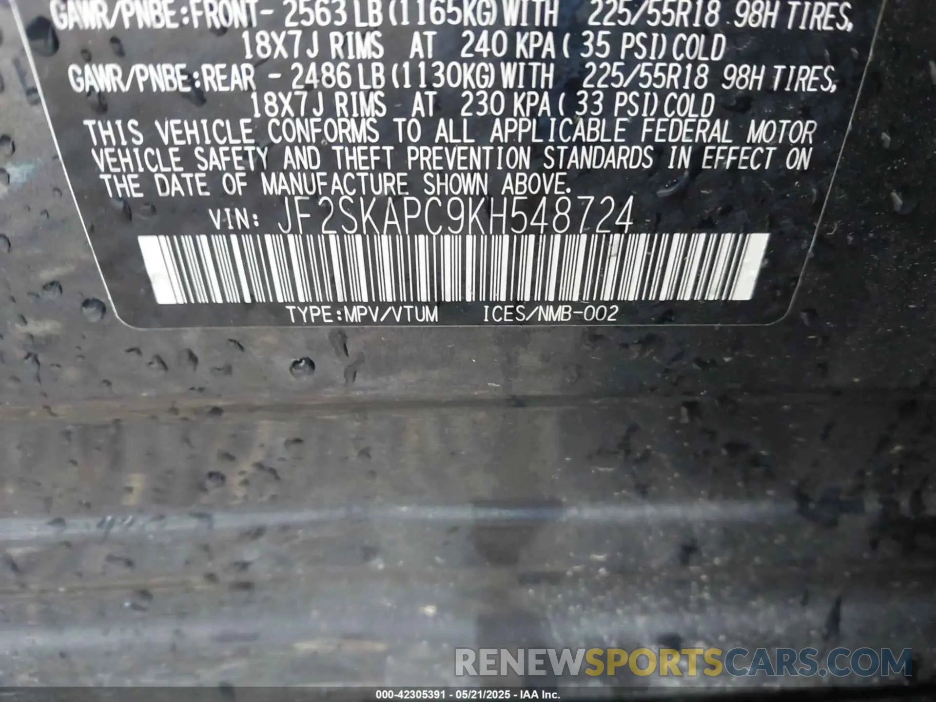 9 Photograph of a damaged car JF2SKAPC9KH548724 SUBARU FORESTER 2019