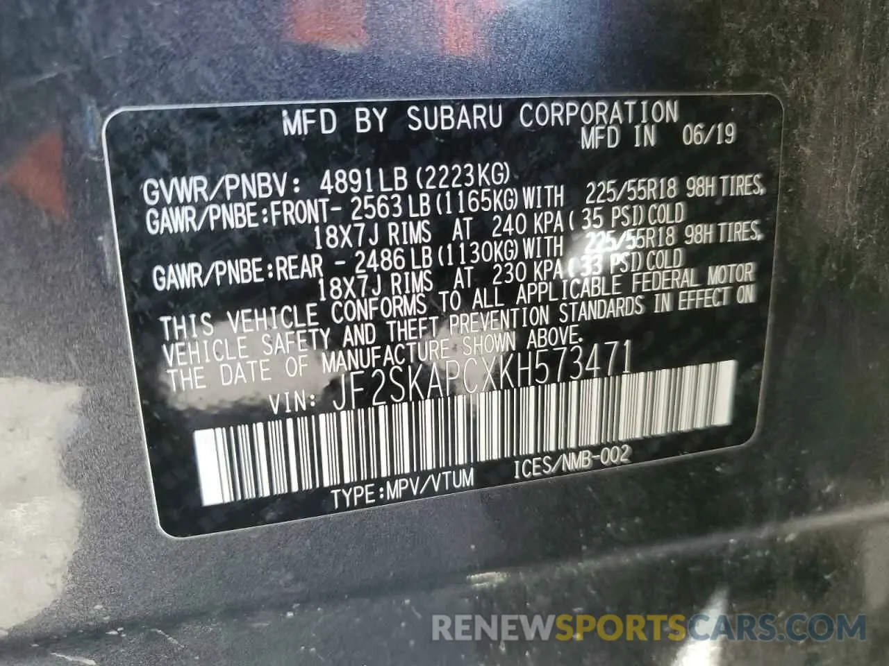 13 Photograph of a damaged car JF2SKAPCXKH573471 SUBARU FORESTER 2019