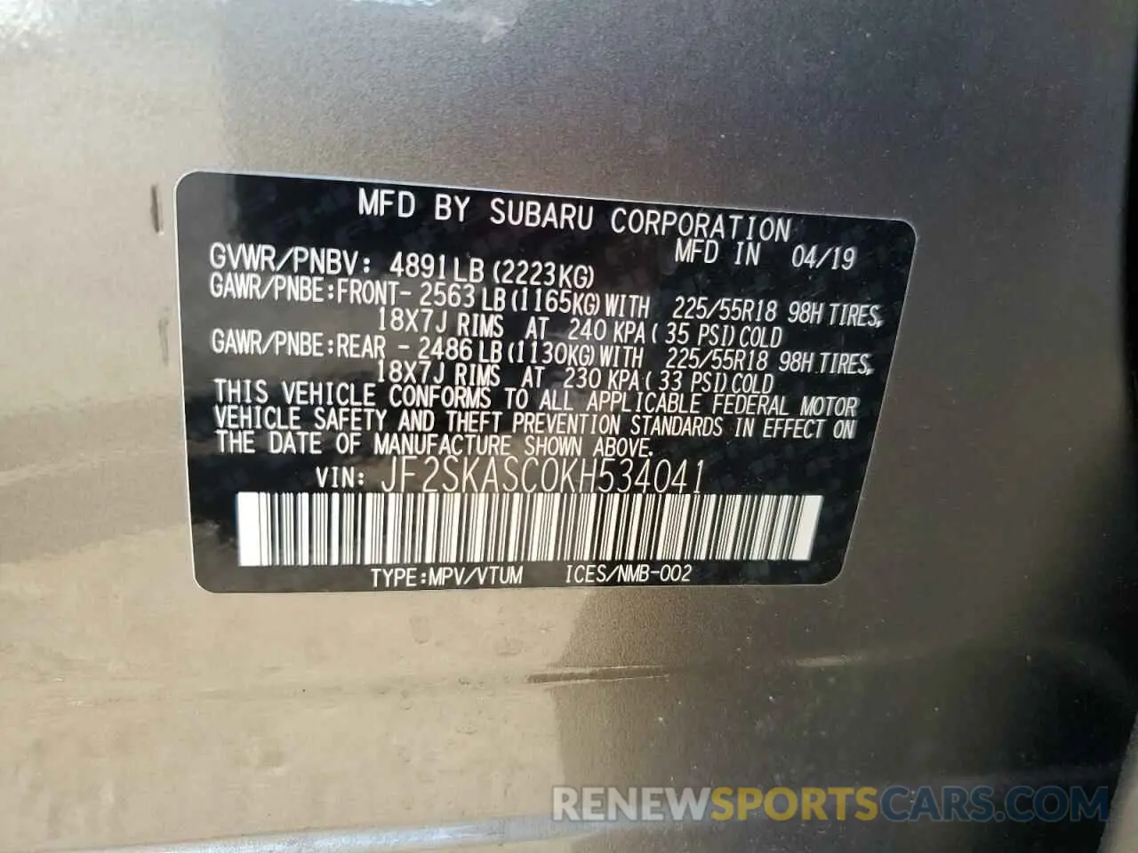 13 Photograph of a damaged car JF2SKASC0KH534041 SUBARU FORESTER 2019