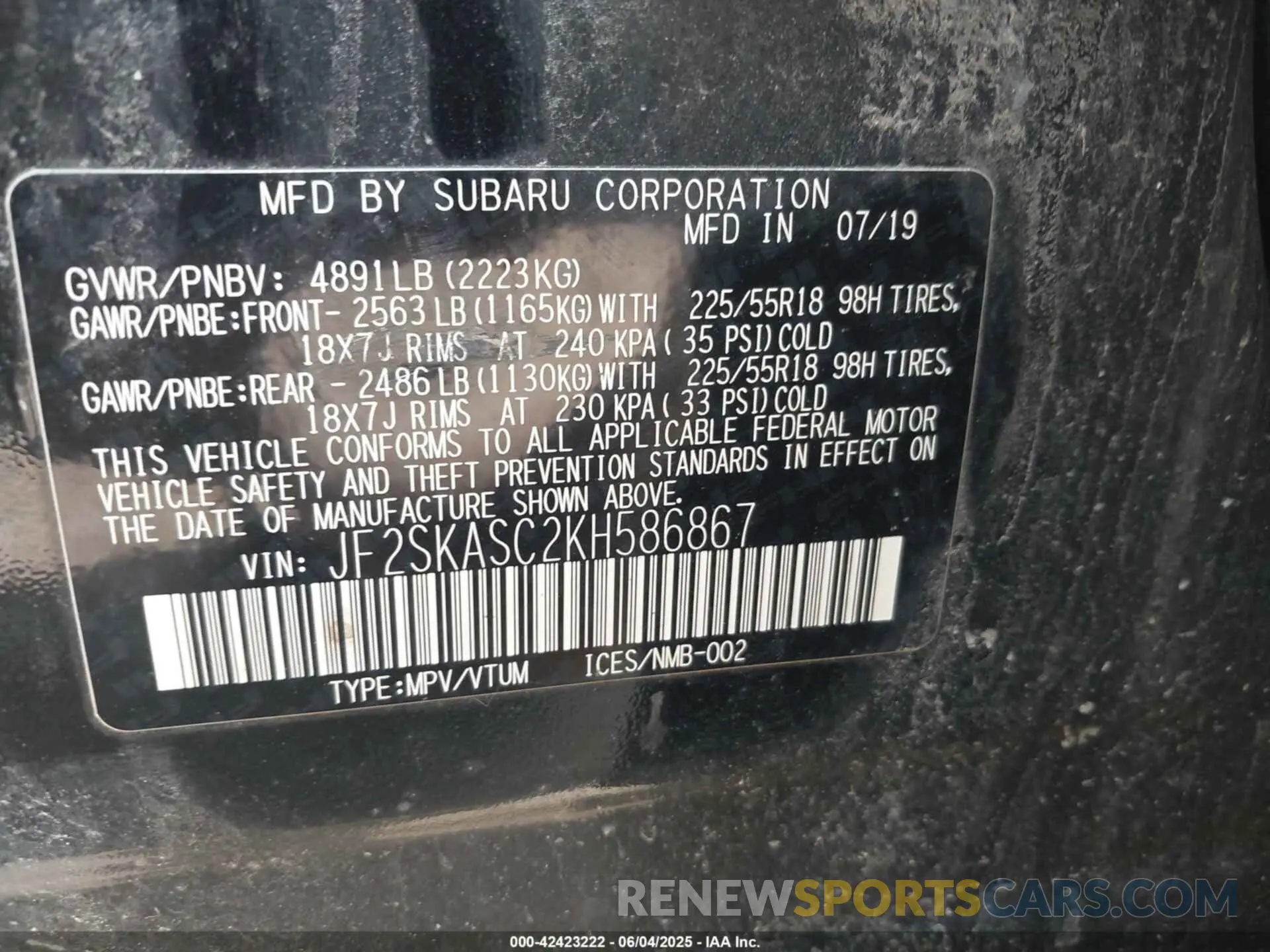 9 Photograph of a damaged car JF2SKASC2KH586867 SUBARU FORESTER 2019