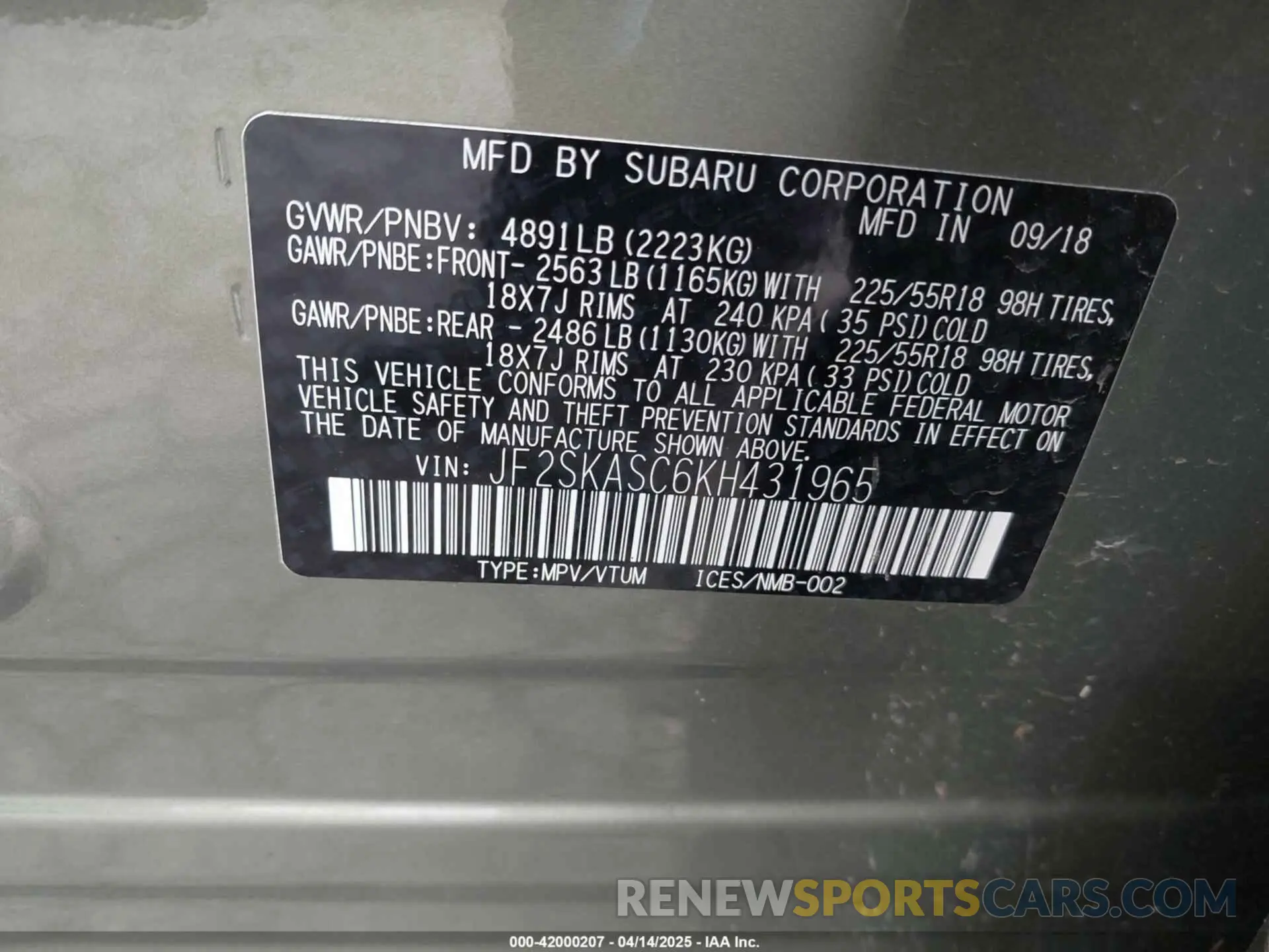 9 Photograph of a damaged car JF2SKASC6KH431965 SUBARU FORESTER 2019