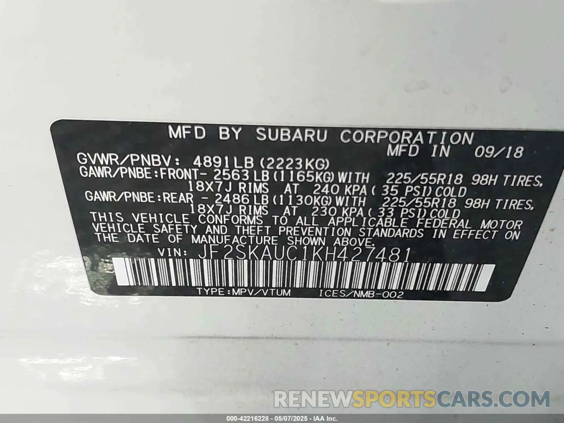 9 Photograph of a damaged car JF2SKAUC1KH427481 SUBARU FORESTER 2019