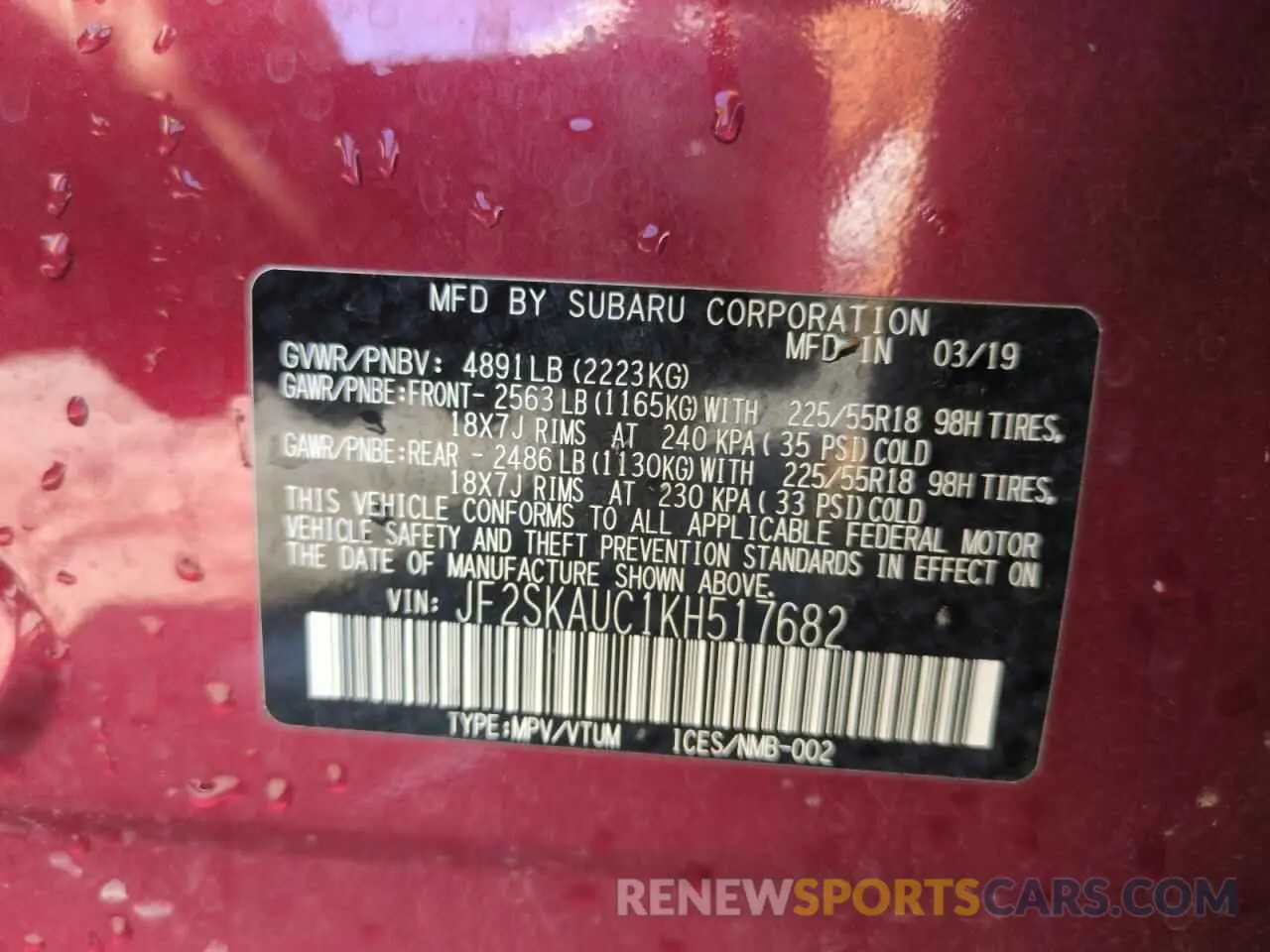 14 Photograph of a damaged car JF2SKAUC1KH517682 SUBARU FORESTER 2019