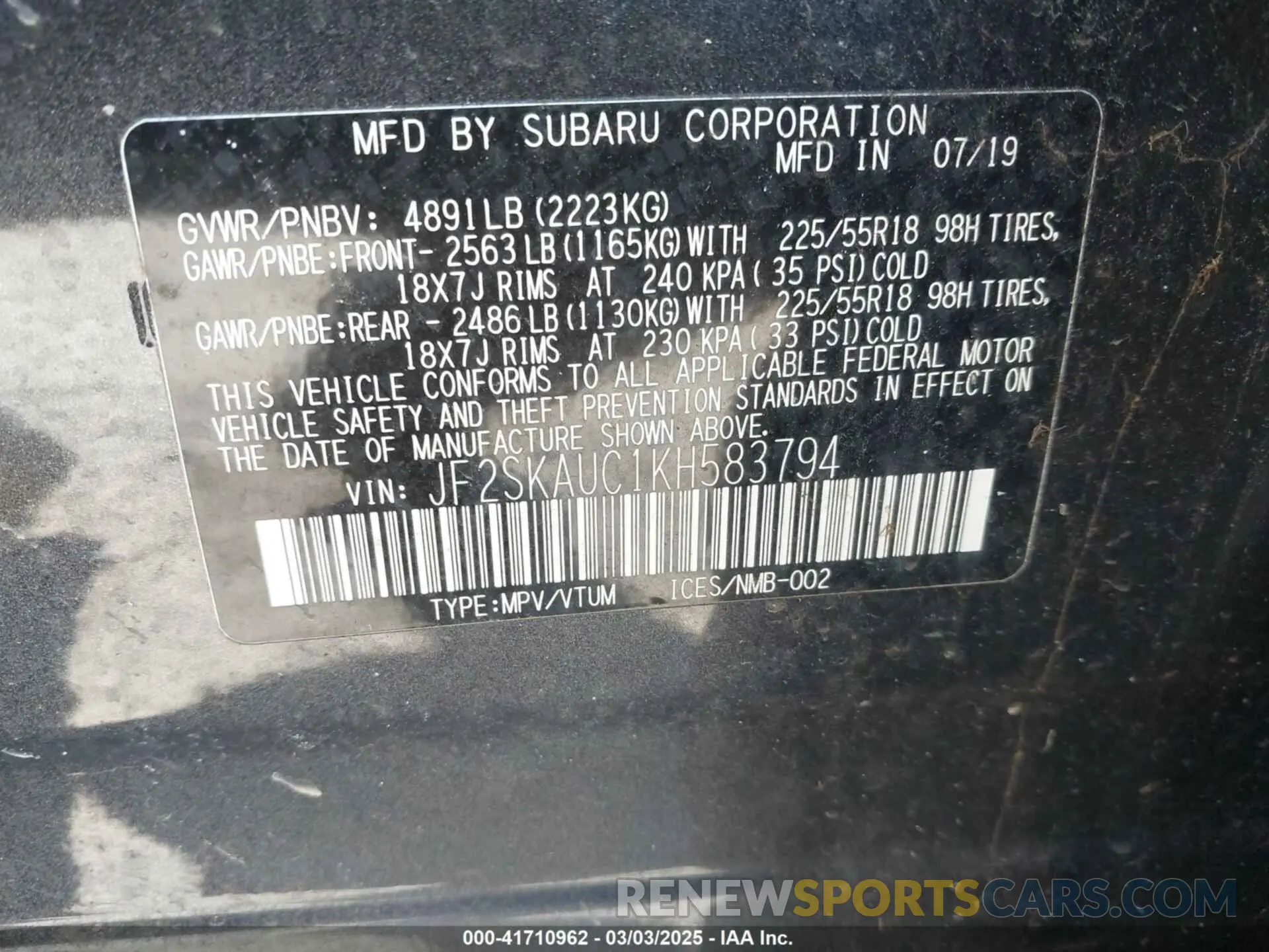 9 Photograph of a damaged car JF2SKAUC1KH583794 SUBARU FORESTER 2019