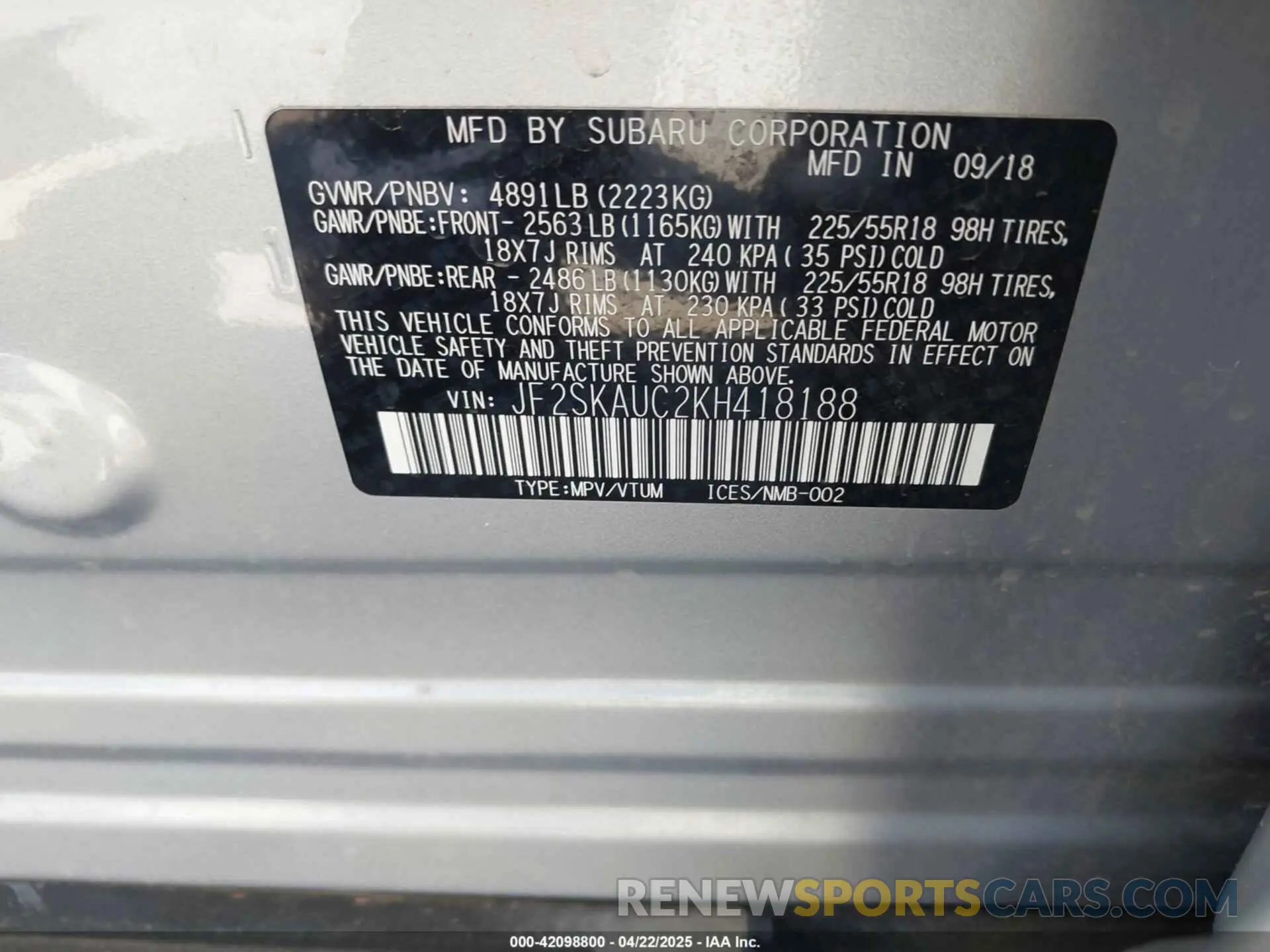 9 Photograph of a damaged car JF2SKAUC2KH418188 SUBARU FORESTER 2019