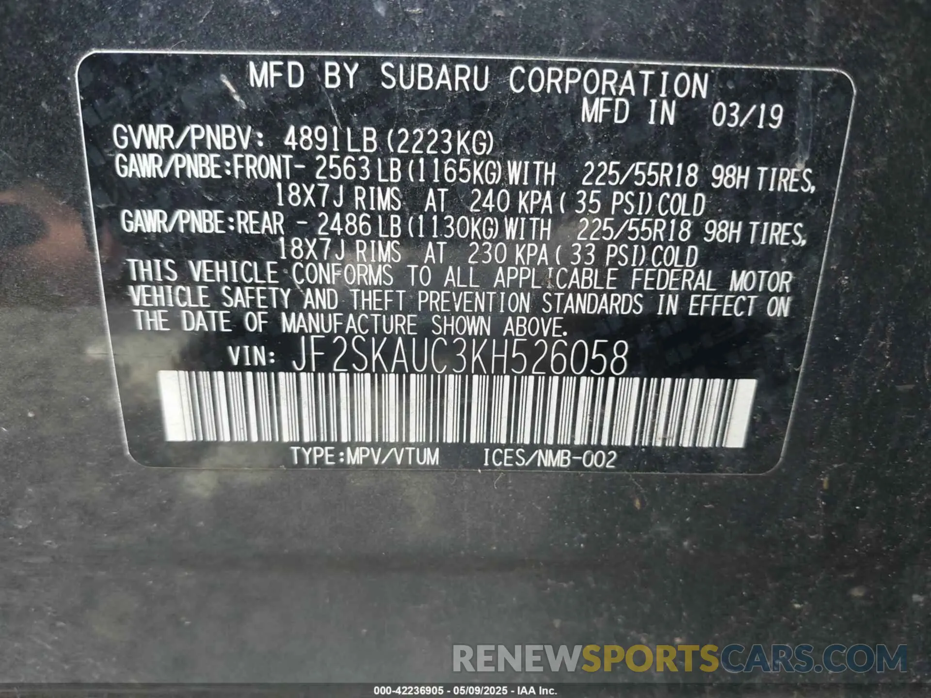 9 Photograph of a damaged car JF2SKAUC3KH526058 SUBARU FORESTER 2019