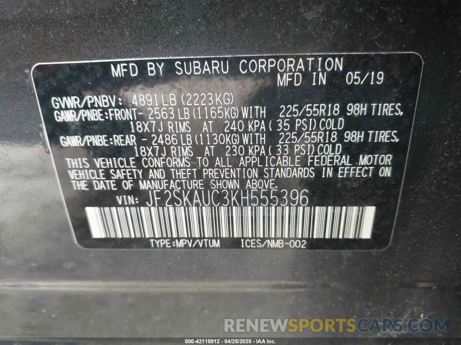 9 Photograph of a damaged car JF2SKAUC3KH555396 SUBARU FORESTER 2019