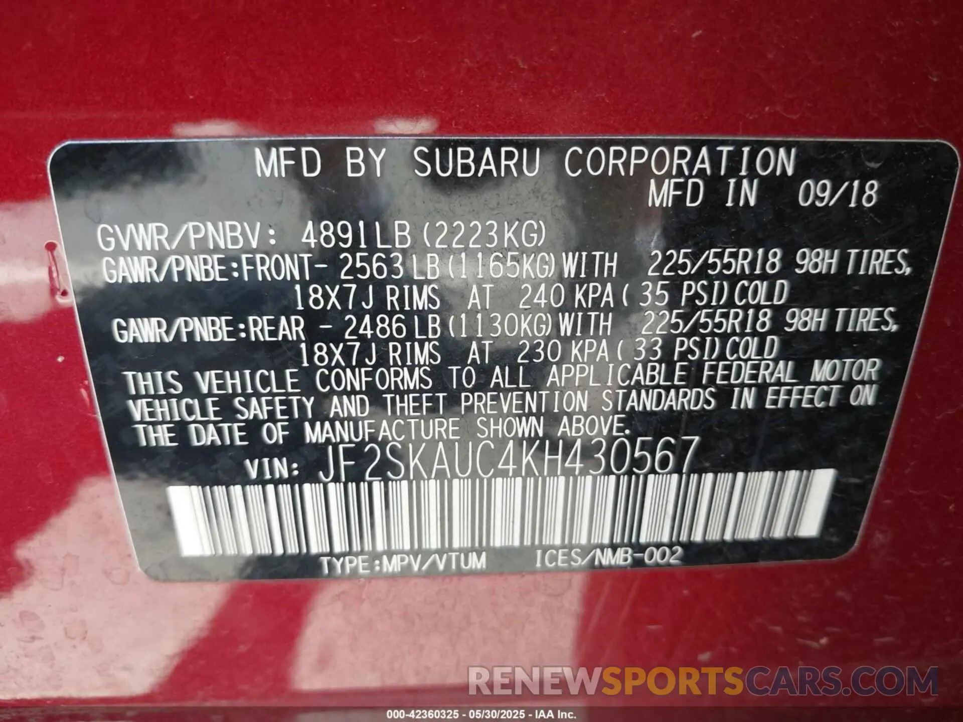 9 Photograph of a damaged car JF2SKAUC4KH430567 SUBARU FORESTER 2019