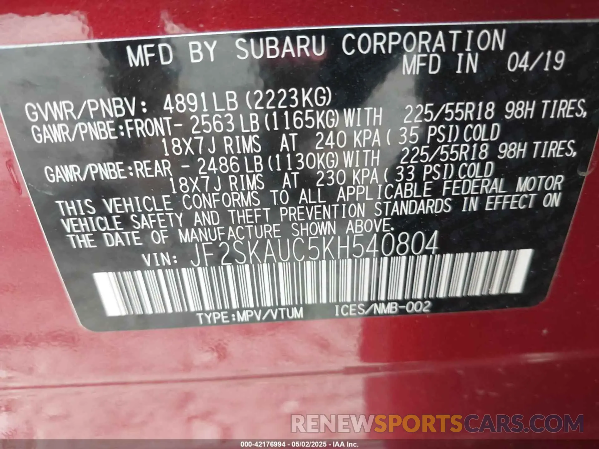9 Photograph of a damaged car JF2SKAUC5KH540804 SUBARU FORESTER 2019