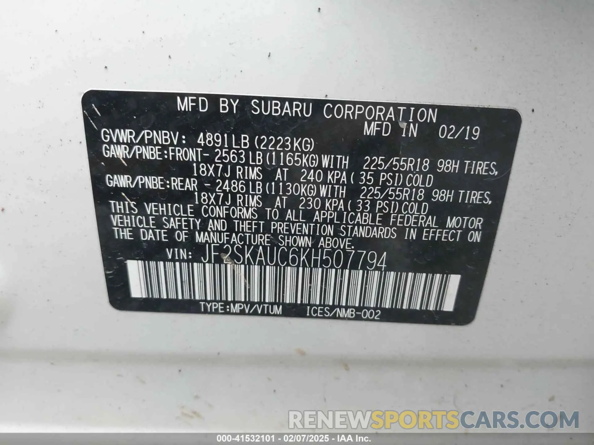 9 Photograph of a damaged car JF2SKAUC6KH507794 SUBARU FORESTER 2019