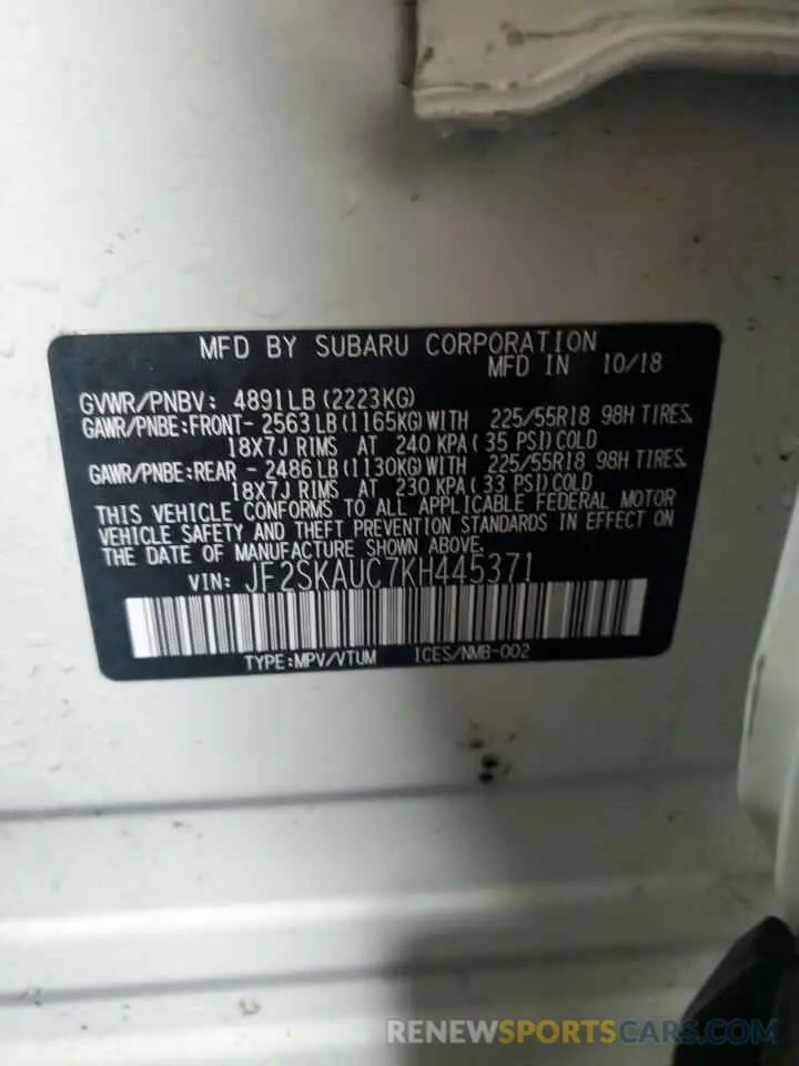 15 Photograph of a damaged car JF2SKAUC7KH445371 SUBARU FORESTER 2019