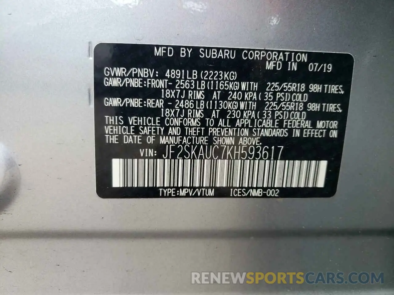 14 Photograph of a damaged car JF2SKAUC7KH593617 SUBARU FORESTER 2019