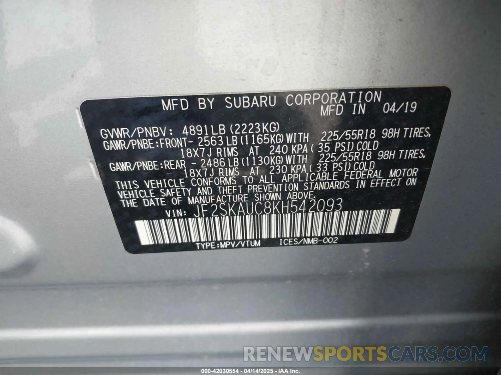 9 Photograph of a damaged car JF2SKAUC8KH542093 SUBARU FORESTER 2019