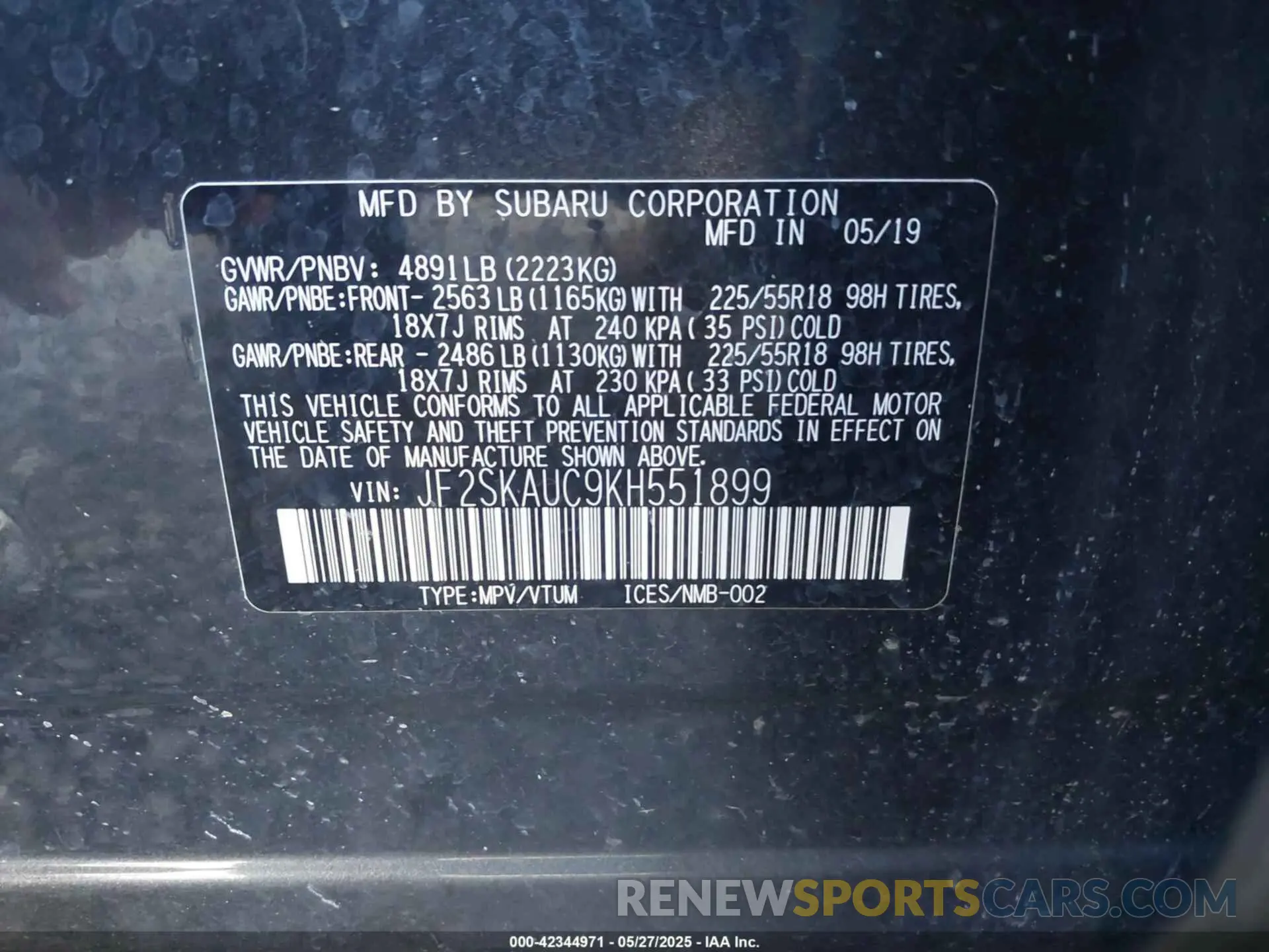 9 Photograph of a damaged car JF2SKAUC9KH551899 SUBARU FORESTER 2019