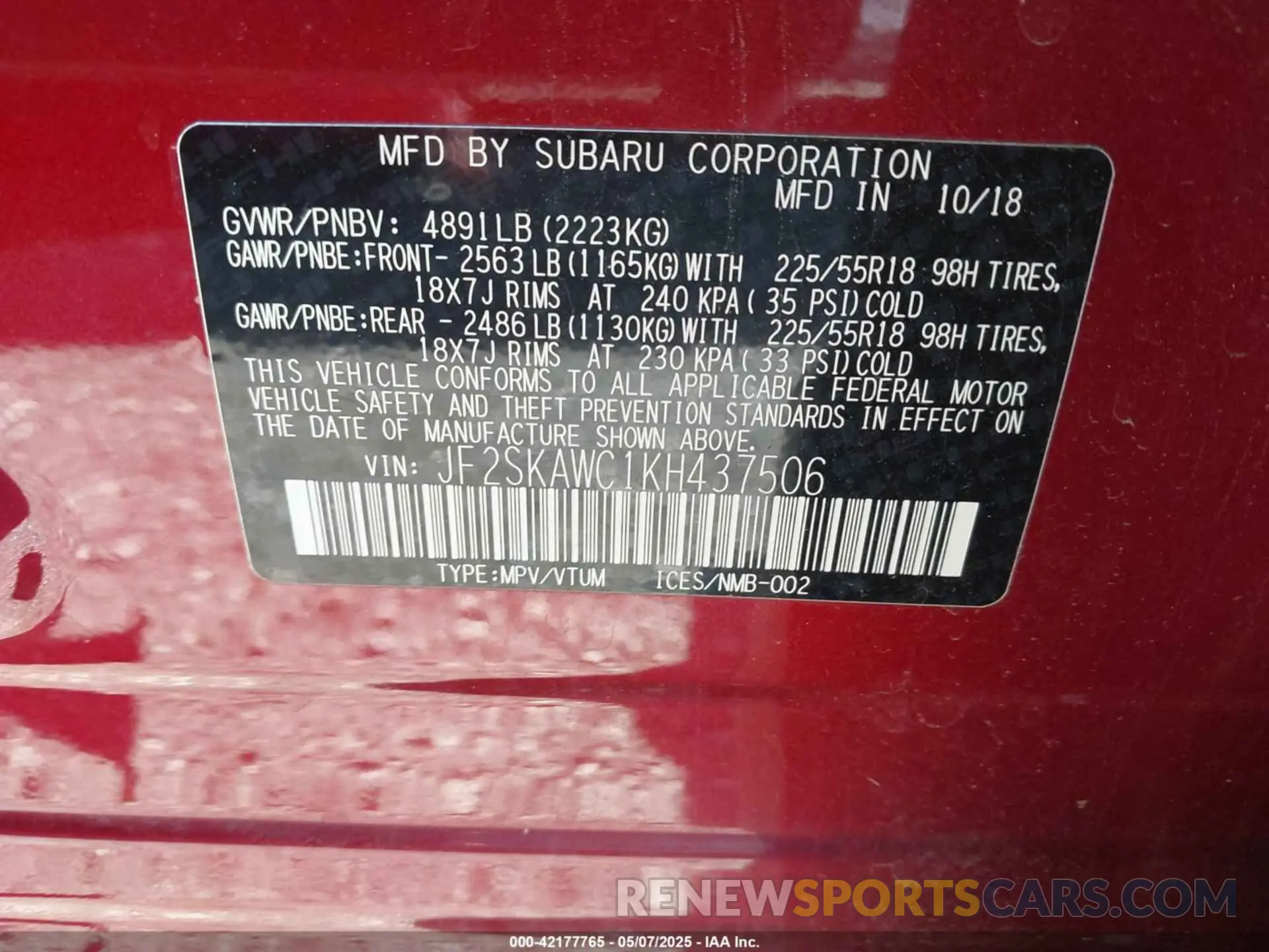 9 Photograph of a damaged car JF2SKAWC1KH437506 SUBARU FORESTER 2019
